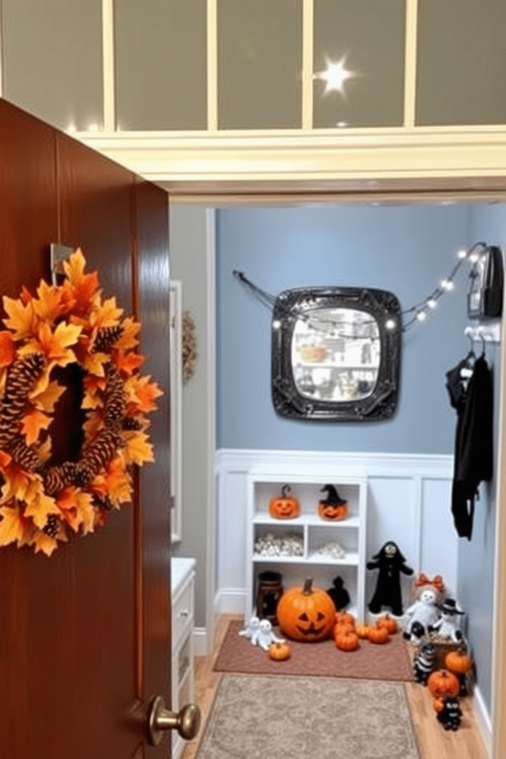 A seasonal wreath made of autumn leaves and pinecones adorns the mudroom door, bringing a touch of nature indoors. The warm colors of the wreath complement the cozy atmosphere of the space, inviting guests to feel at home. Inside the mudroom, playful Halloween decorations create a festive vibe. Spooky accents such as miniature pumpkins, ghost figurines, and string lights enhance the charm of the room while maintaining a welcoming feel.