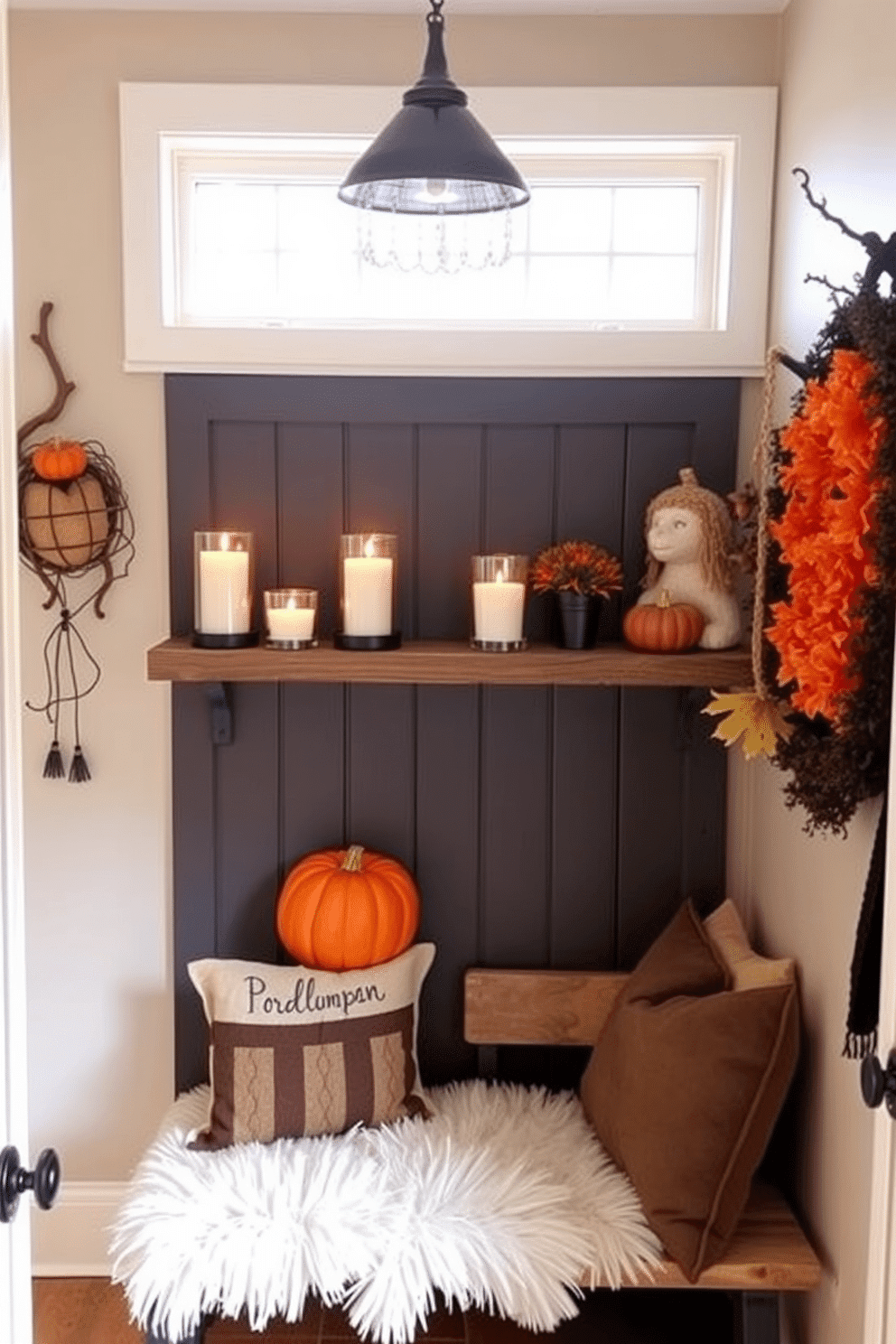 A cozy mudroom decorated for Halloween. There are pumpkin spice scented candles placed on rustic wooden shelves, creating a warm and inviting atmosphere. The walls are adorned with autumn-themed decorations, featuring orange and black accents. A bench with plush cushions invites guests to sit and enjoy the seasonal decor.