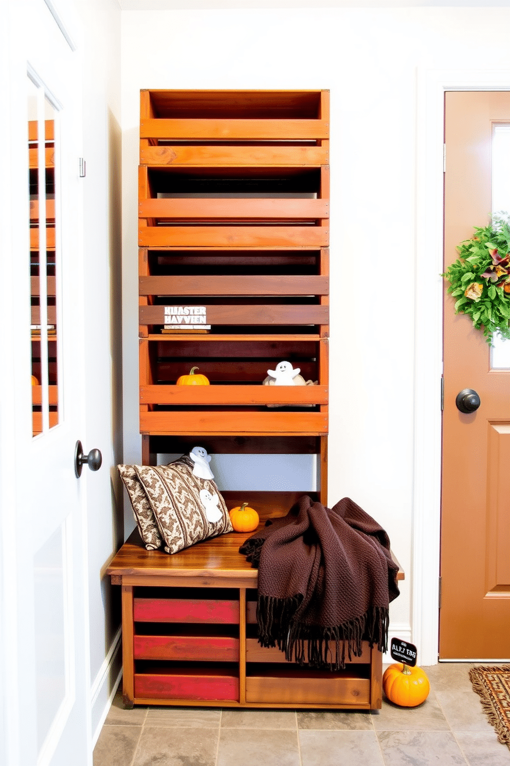 Wooden crates are stacked in a corner of the mudroom, serving as both decorative storage and functional organization. Each crate is painted in a rich autumn hue, adding warmth and charm to the space. For Halloween, the mudroom is adorned with playful decorations, including miniature pumpkins and whimsical ghost figures. A cozy throw blanket drapes over a bench, inviting guests to enjoy the festive atmosphere.