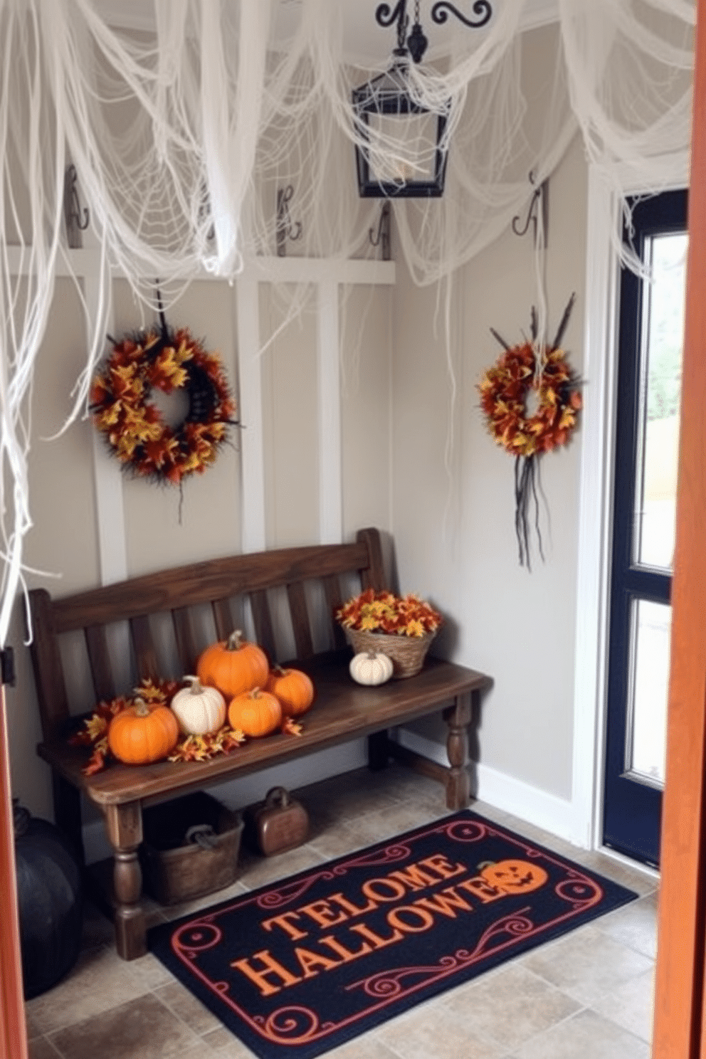 A cozy mudroom decorated for Halloween. Faux cobwebs drape from the ceiling and settle in every corner, creating a spooky atmosphere. Pumpkins of various sizes are arranged on a rustic bench, accompanied by a basket of colorful fall leaves. A welcome mat with a Halloween theme lies at the entrance, inviting guests into the festive space.