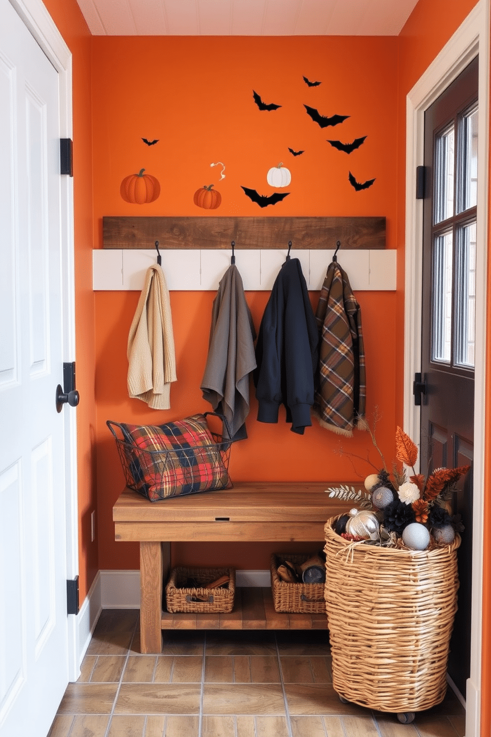 A cozy mudroom decorated for Halloween features playful wall decals of pumpkins, ghosts, and bats. The space is adorned with a rustic bench and hooks for coats, creating a festive yet functional entryway. The walls are painted in a warm orange hue, enhancing the Halloween spirit. A woven basket filled with seasonal decorations sits beside the door, adding charm and practicality to the space.