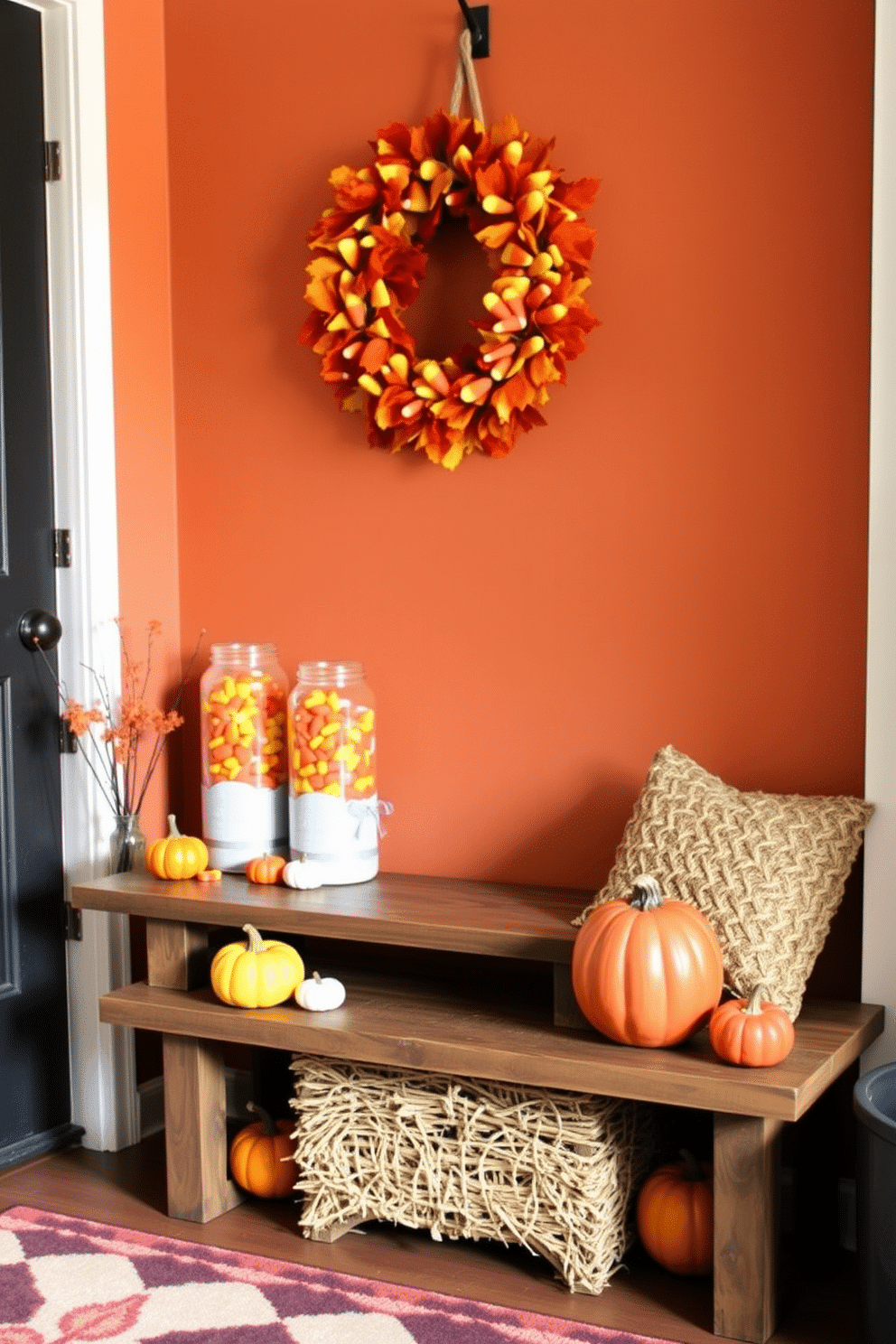 A cozy mudroom adorned with seasonal decor for Halloween. Decorative jars filled with vibrant candy corn are placed on a rustic wooden bench, surrounded by autumn-themed accents like mini pumpkins and hay bales. The walls are painted in a warm, inviting shade, complemented by a patterned area rug that adds texture. A wreath made of fall leaves hangs on the door, welcoming guests into this festive space.