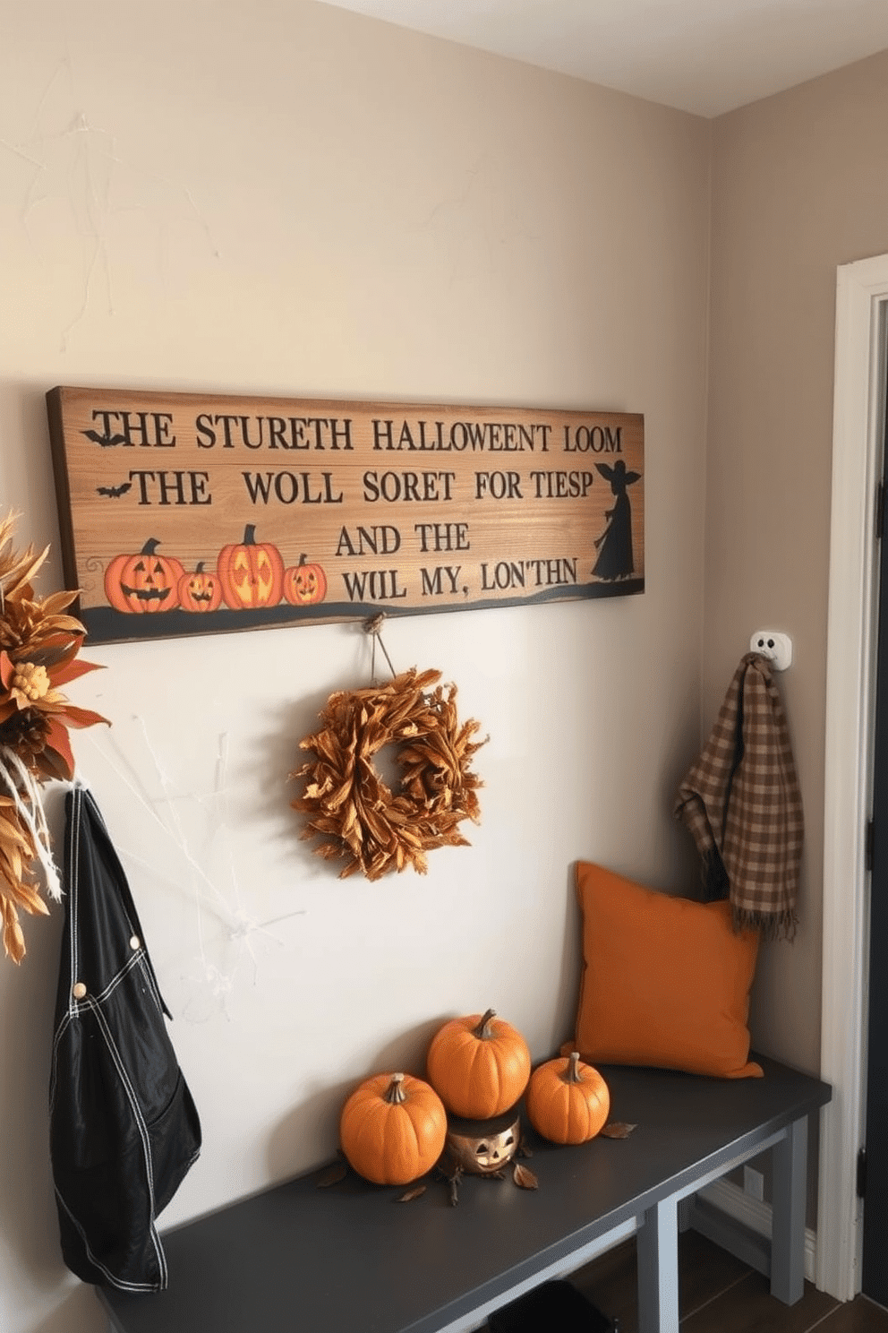 A rustic wooden sign hangs on the wall, featuring spooky messages that evoke the spirit of Halloween. The sign is adorned with carved pumpkins and eerie silhouettes, creating a festive atmosphere. The mudroom is decorated with autumn-themed accents, including a wreath made of dried leaves and small pumpkins on a bench. Cobwebs and ghostly figures add a playful yet spooky touch to the space, welcoming guests with Halloween cheer.