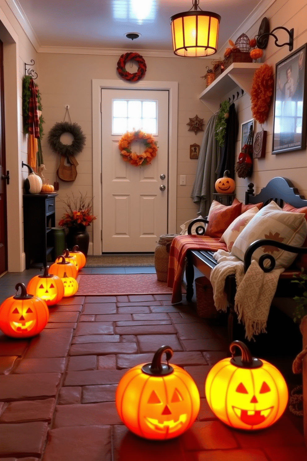 A warm and inviting entryway decorated for Halloween features a row of glowing pumpkin lanterns lining the path. Each lantern is uniquely carved, casting playful shadows on the ground and creating a festive atmosphere. The mudroom is adorned with cheerful Halloween decorations, including colorful wreaths and themed wall art. Cozy blankets and seasonal pillows are arranged on a bench, inviting guests to enjoy the festive spirit.