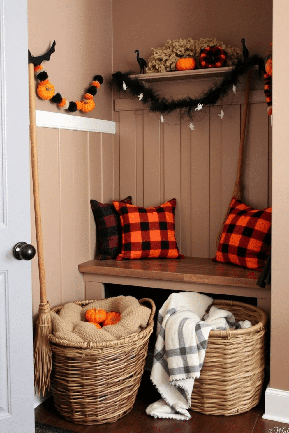 A cozy mudroom adorned for Halloween features a rustic wooden bench with orange and black plaid cushions. In one corner, a witch's broom is propped against the wall, adding a whimsical touch to the space. The walls are painted in a warm taupe color, complemented by seasonal decorations like miniature pumpkins and ghostly garlands. A large basket filled with cozy blankets sits near the entrance, inviting guests to feel at home.