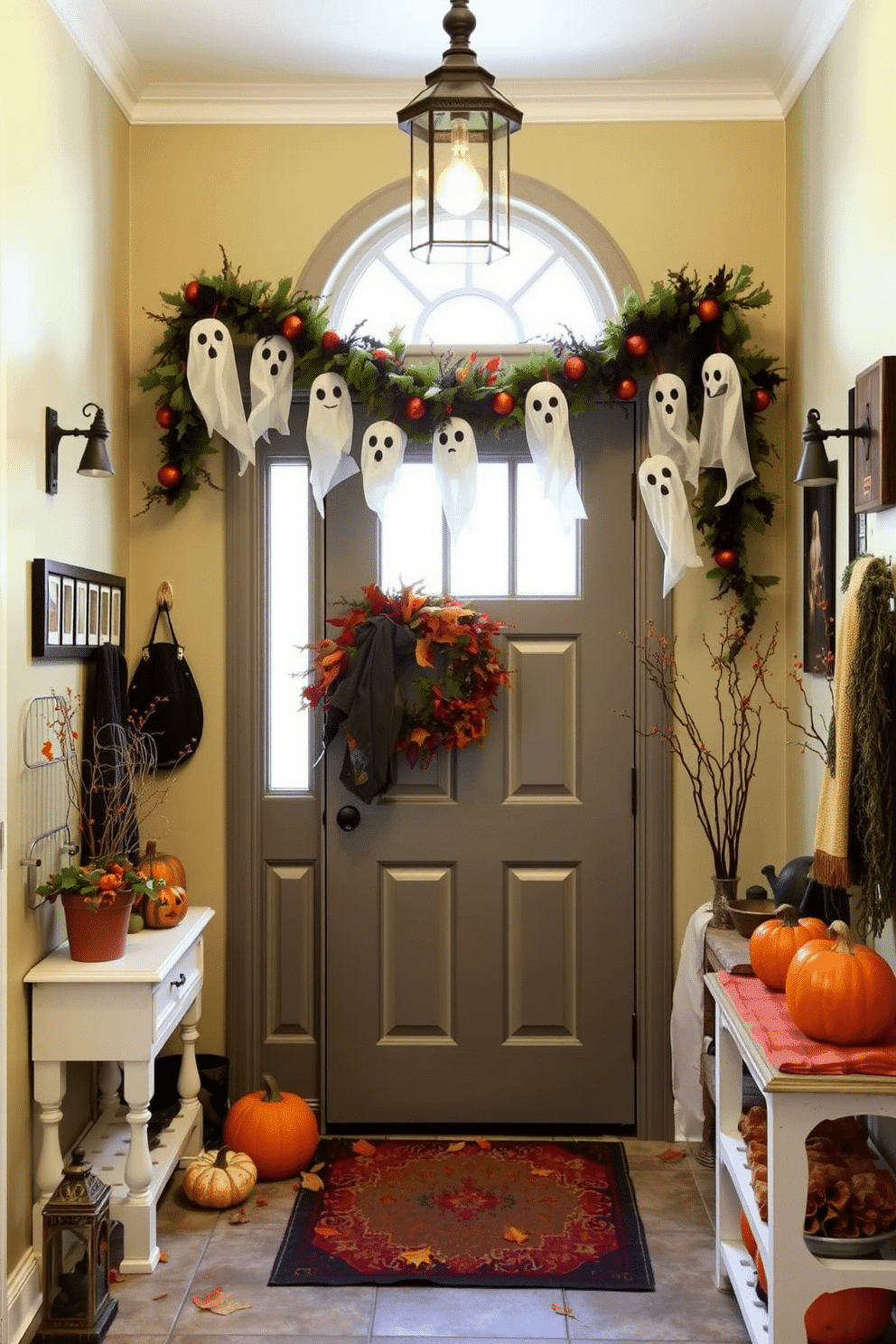 A cozy mudroom adorned for Halloween features a ghostly garland strung above the door, creating a whimsical entrance. The space is filled with seasonal decor, including pumpkins and autumn leaves, enhancing the festive atmosphere.