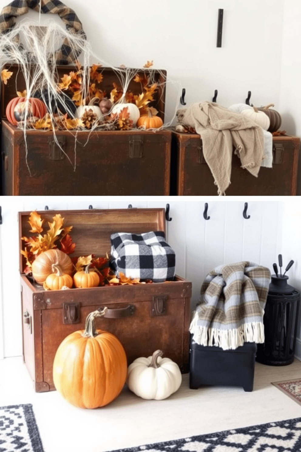 Vintage trunks filled with seasonal decor create a charming and nostalgic atmosphere. The trunks are adorned with autumn leaves, small pumpkins, and cozy blankets, inviting warmth and comfort to the space. Halloween mudroom decorating ideas feature spooky accents that blend functionality with festive flair. Cobwebs drape over hooks, while a pumpkin display sits near the entrance, welcoming guests with a playful Halloween spirit.