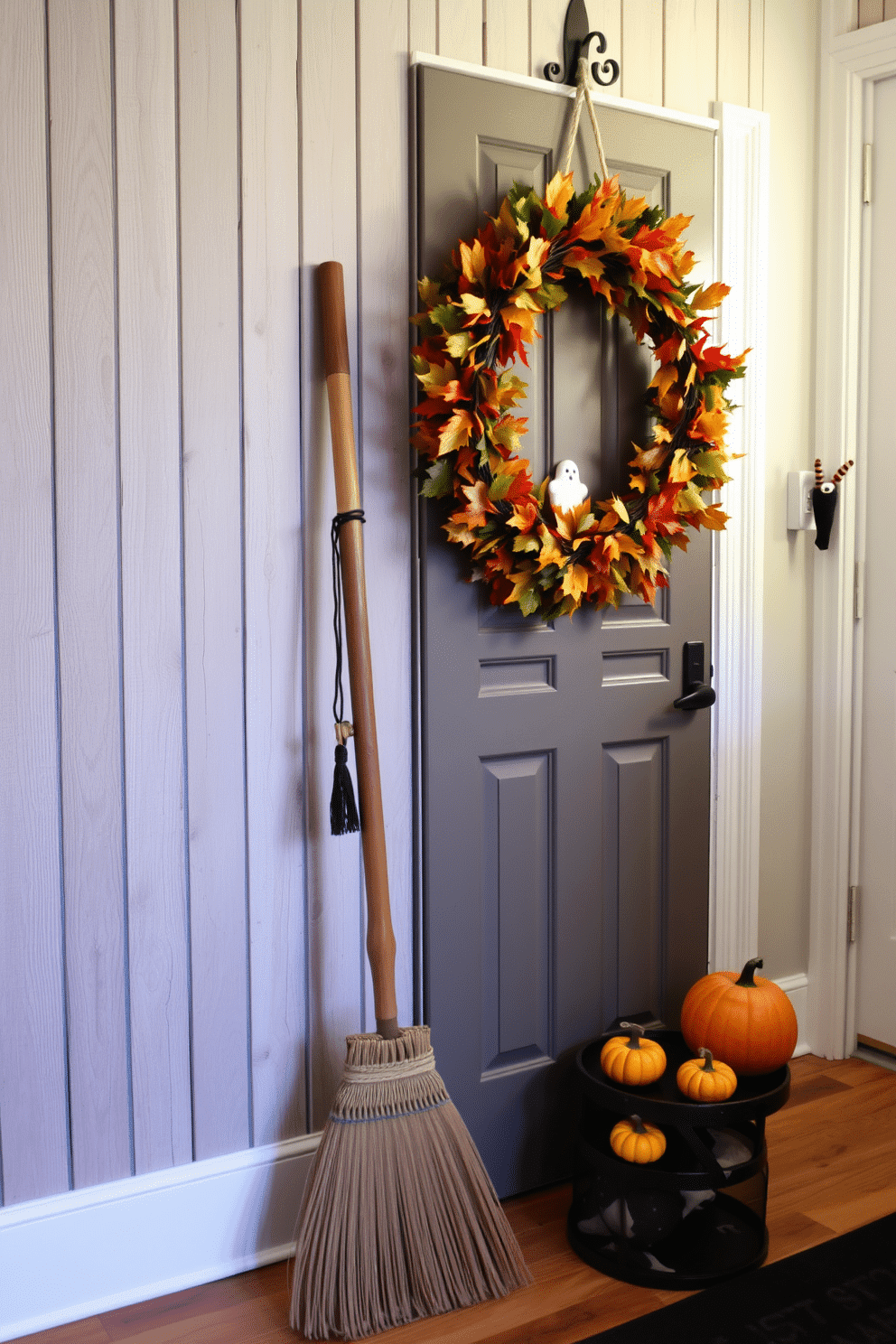 A rustic broom leans against a weathered wooden wall, adding a touch of charm to the space. The floor is covered in a warm-toned, reclaimed wood, enhancing the cozy atmosphere of the room. For Halloween, the mudroom is adorned with playful decorations, including miniature pumpkins and ghostly figures. A festive wreath made of autumn leaves hangs on the door, welcoming guests with seasonal cheer.