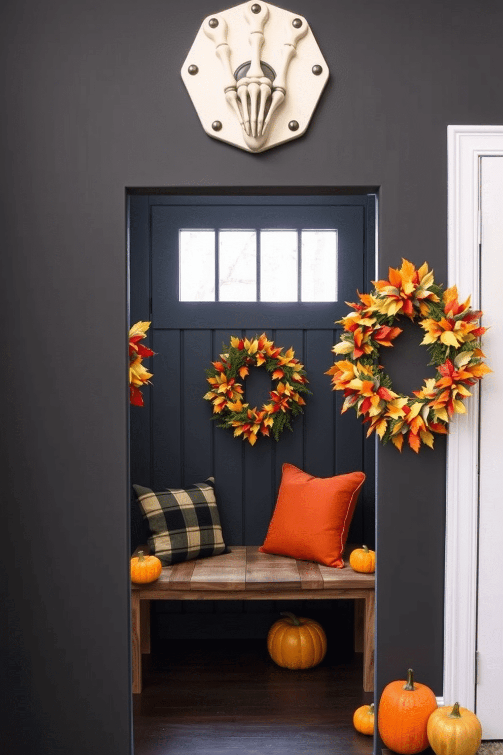 A striking skeleton hand door knocker adorns the entrance of a cozy mudroom. The walls are painted in a deep charcoal gray, creating a dramatic backdrop for seasonal decorations. Inside the mudroom, a rustic bench made of reclaimed wood is paired with bright orange and black cushions. Wreaths of faux autumn leaves and mini pumpkins are arranged around the doorway, enhancing the Halloween theme.