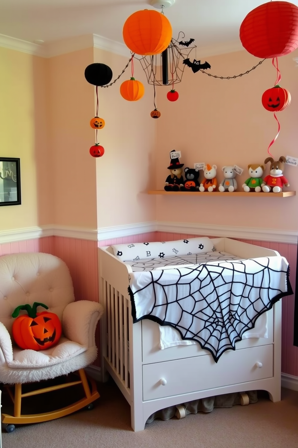 A whimsical nursery setting featuring a changing table adorned with a spider web tablecloth. The walls are painted in soft pastel colors, and playful Halloween-themed decorations hang from the ceiling. A cozy corner includes a plush rocking chair with a pumpkin-patterned cushion. A shelf displays adorable stuffed animals dressed in Halloween costumes, adding a festive touch to the room.