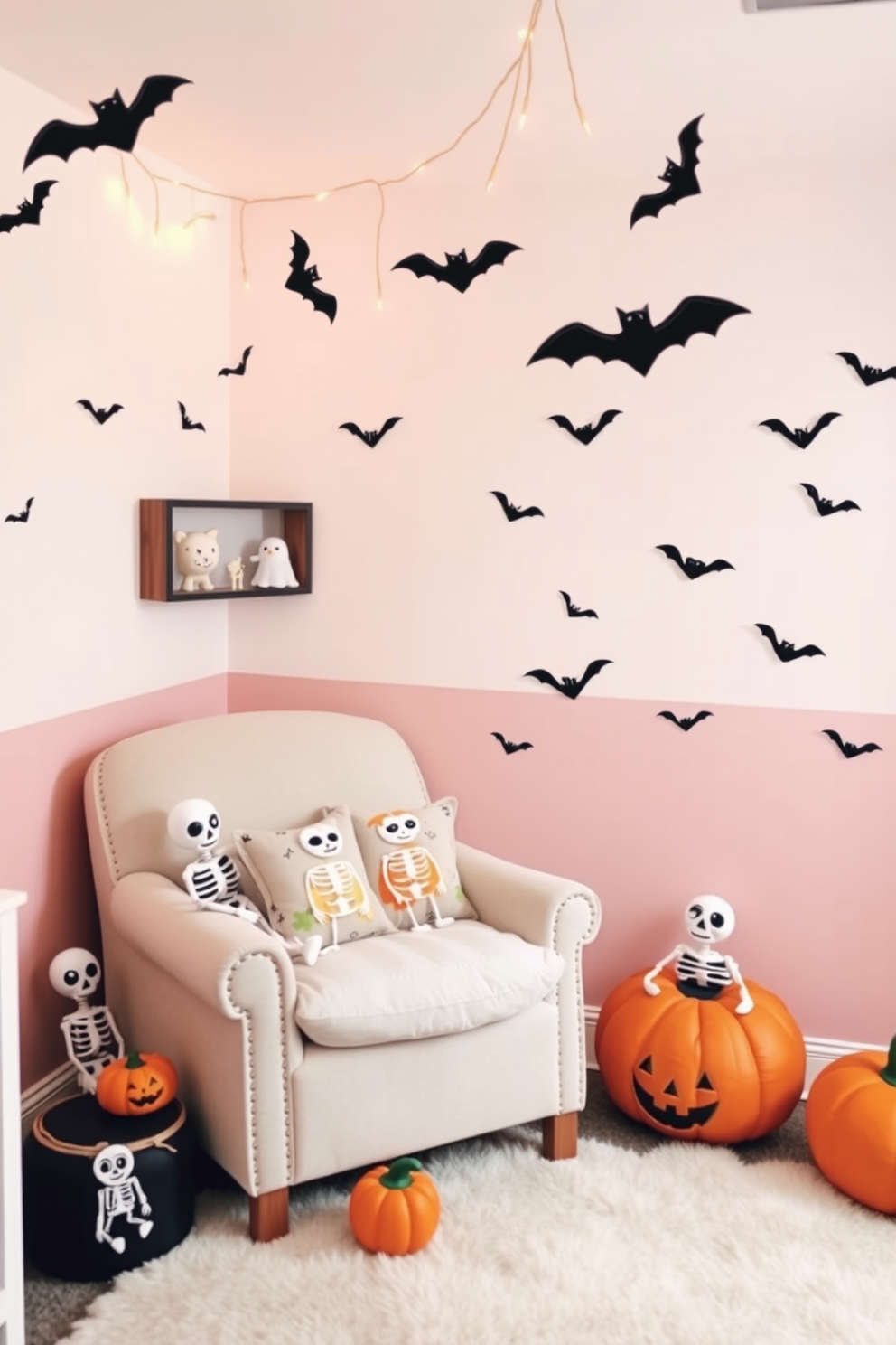 Whimsical skeleton toys are scattered throughout the nursery, adding a playful touch to the Halloween theme. The walls are painted in soft pastel colors, with playful ghost and pumpkin decals enhancing the festive atmosphere. A cozy reading nook features a plush chair adorned with Halloween-themed cushions, inviting little ones to enjoy storytime. Delicate string lights shaped like bats hang above, creating a warm and enchanting glow in the space.