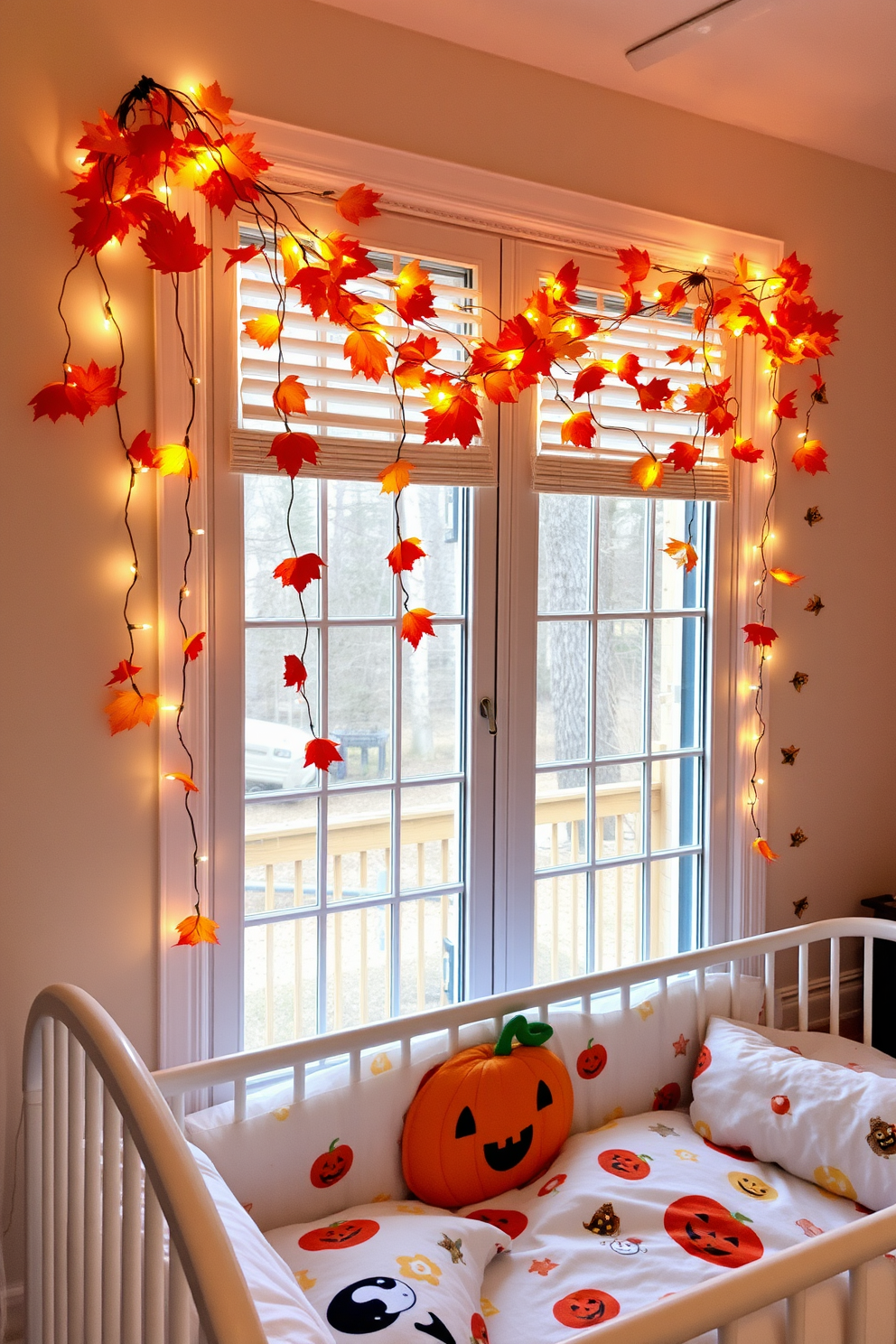 Charming fall leaves garland around windows. The garland features vibrant orange, red, and yellow leaves intertwined with twinkling fairy lights, creating a warm and inviting atmosphere. Halloween nursery decorating ideas. Soft pastel colors dominate the space, with playful ghost and pumpkin motifs on the walls, complemented by cozy plush toys and whimsical bedding.