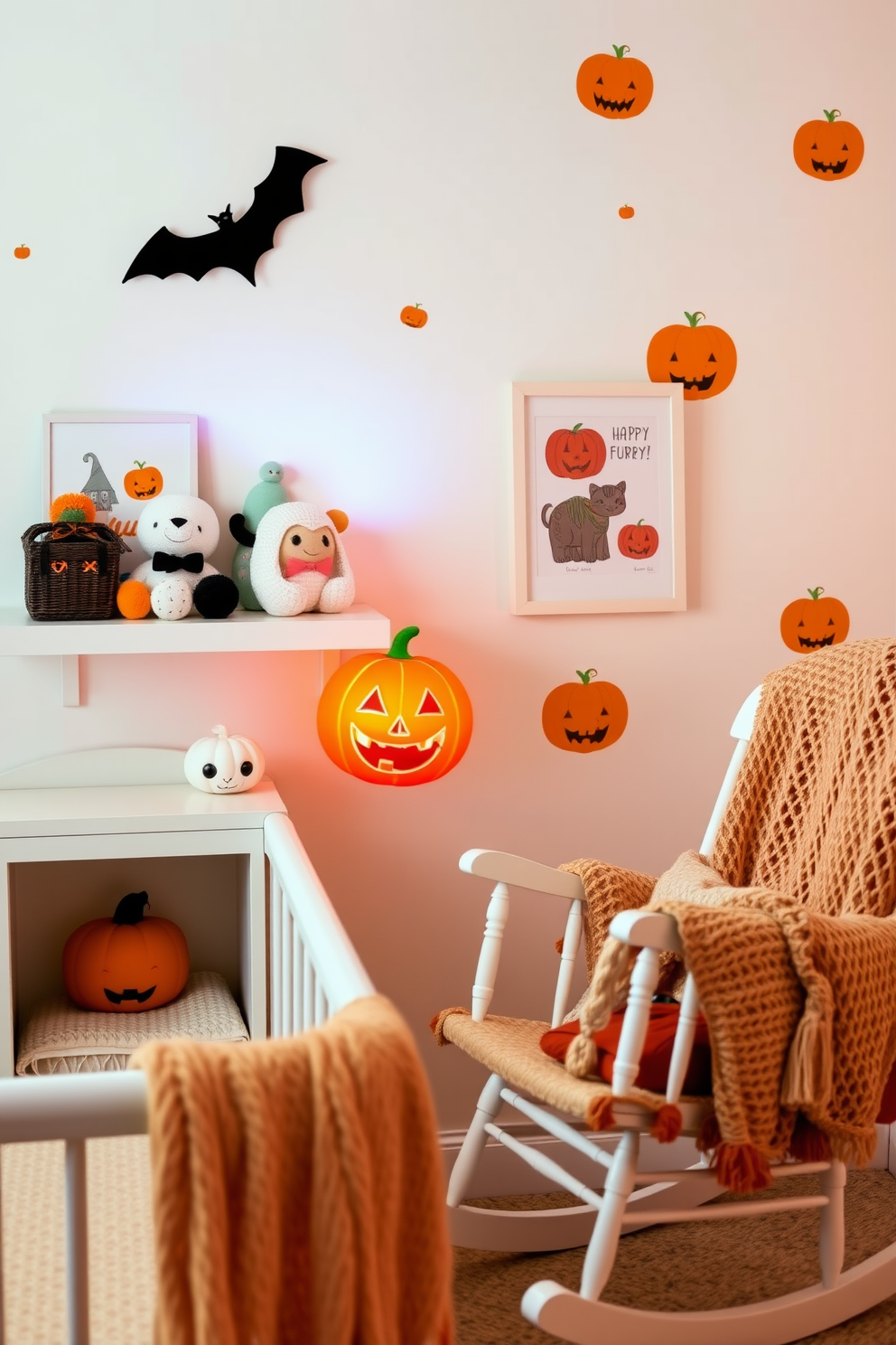 A charming Halloween nursery featuring a light-up jack-o-lantern nightlight that casts a warm glow. The nightlight is placed on a whimsical shelf decorated with soft plush toys and colorful Halloween-themed artwork. The walls are painted in soft pastel colors with subtle pumpkin motifs. A cozy rocking chair is positioned nearby, draped with a knitted blanket in autumn hues.