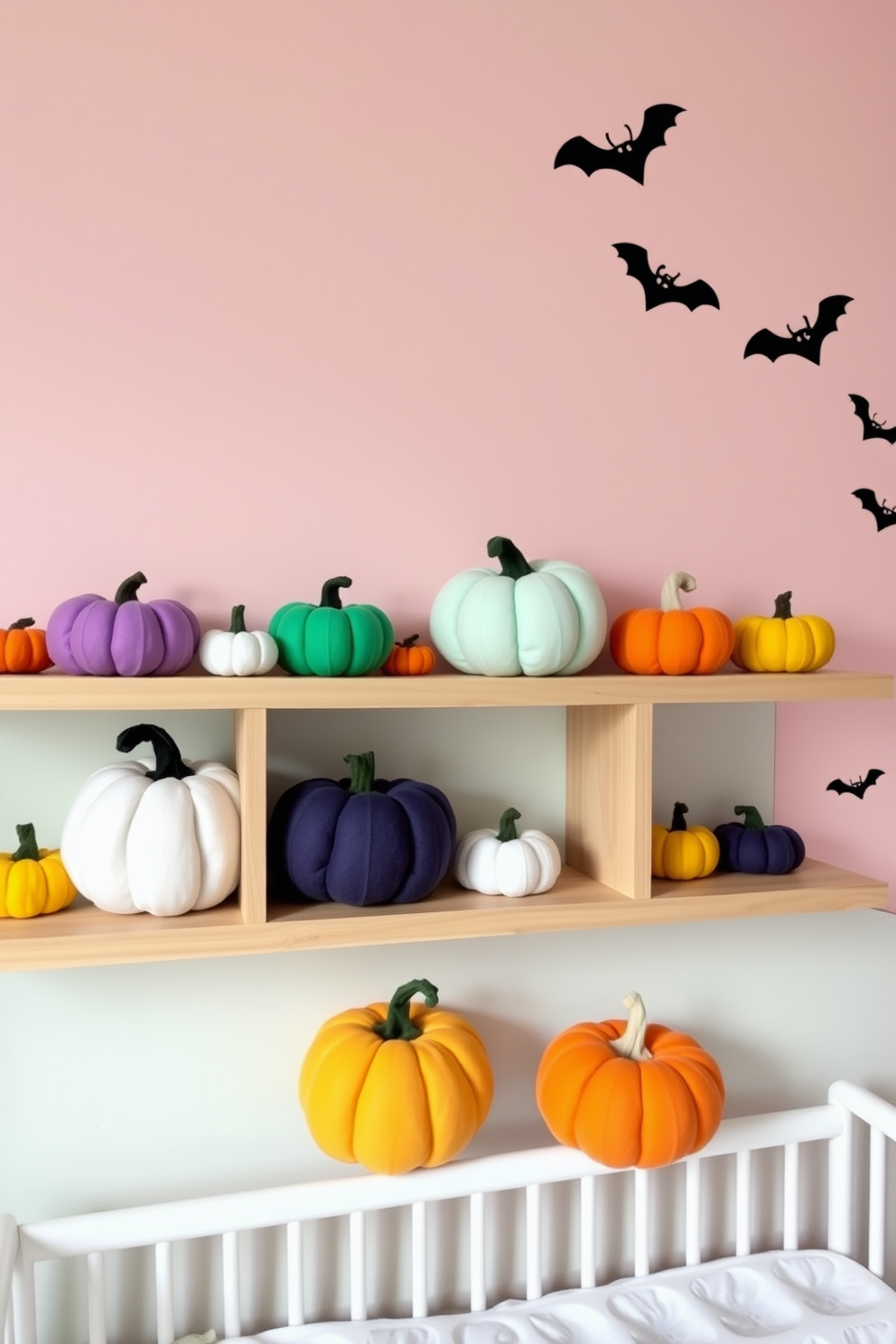 Colorful felt pumpkins in various sizes are scattered across wooden shelves adorned with soft pastel backgrounds. The nursery features whimsical wall decals of friendly ghosts and playful bats, creating a festive yet cozy atmosphere.