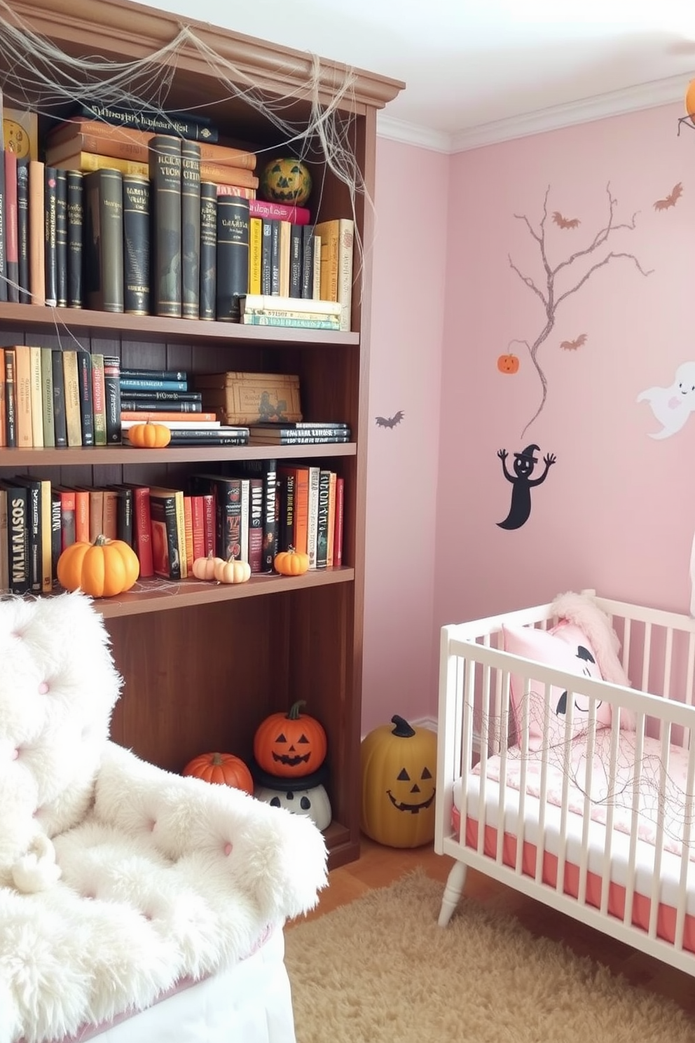 A cozy bookshelf filled with vintage Halloween books in various sizes and colors. The shelf is adorned with small decorative pumpkins and cobwebs, creating a festive atmosphere. A charming nursery decorated with soft pastel colors and whimsical Halloween-themed accents. The walls feature playful ghost and pumpkin decals, and a plush area rug adds warmth to the space.