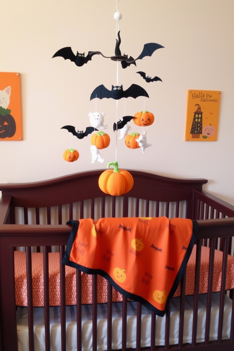 A whimsical Halloween-themed mobile hangs above the crib, featuring playful bats, pumpkins, and ghosts made of soft fabric. The nursery is decorated in warm autumn colors, with a cozy pumpkin-patterned blanket draped over the crib and cheerful wall art showcasing friendly Halloween characters.