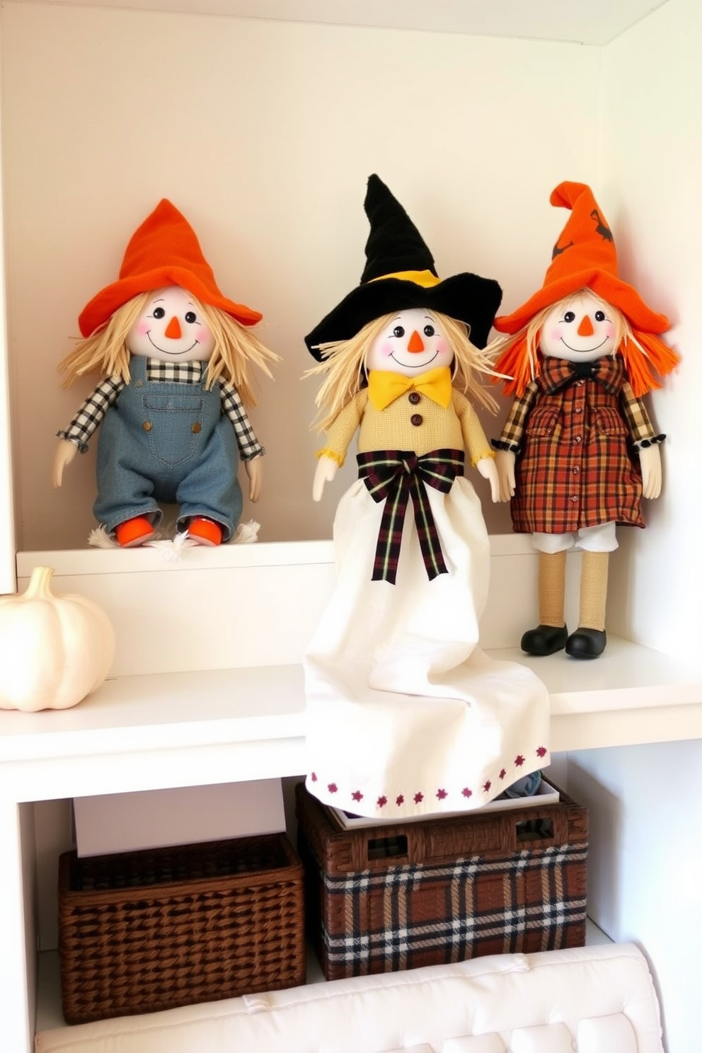 Charming scarecrow figures as decorative accents. These whimsical scarecrows bring a playful touch to your Halloween nursery decor. Position them on shelves or near windows to create a festive atmosphere. Use soft fabrics and warm colors to complement the cozy nursery setting.