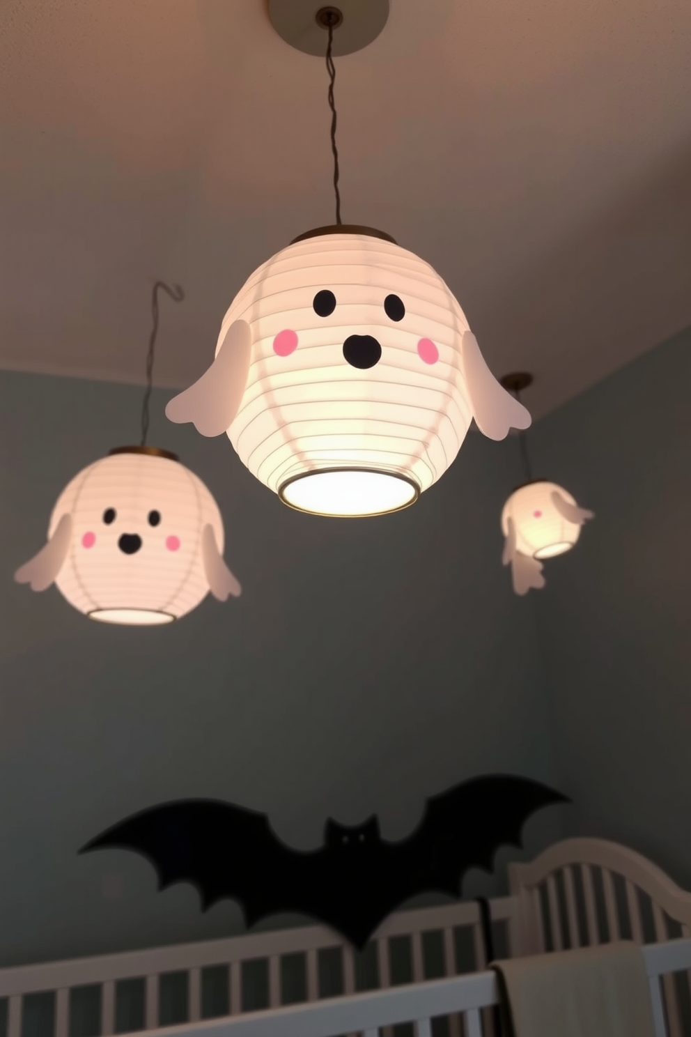 Cute ghost lanterns softly illuminate the room, creating a whimsical atmosphere perfect for Halloween. These playful decorations hang from the ceiling, adding a touch of charm and warmth to the nursery. The lanterns are crafted from lightweight materials, featuring friendly ghost faces that bring a sense of fun. Their gentle glow provides just the right amount of light for nighttime comfort, making the space cozy and inviting.