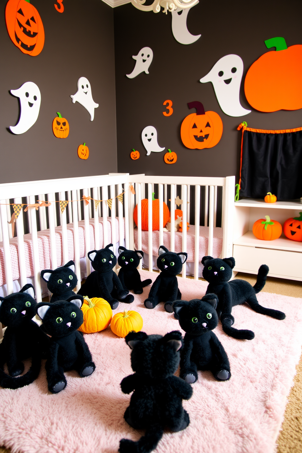 A whimsical nursery filled with playful black cat plush toys arranged on a soft pastel rug. The walls are adorned with cheerful Halloween-themed decorations, featuring friendly ghosts and pumpkins in vibrant colors.