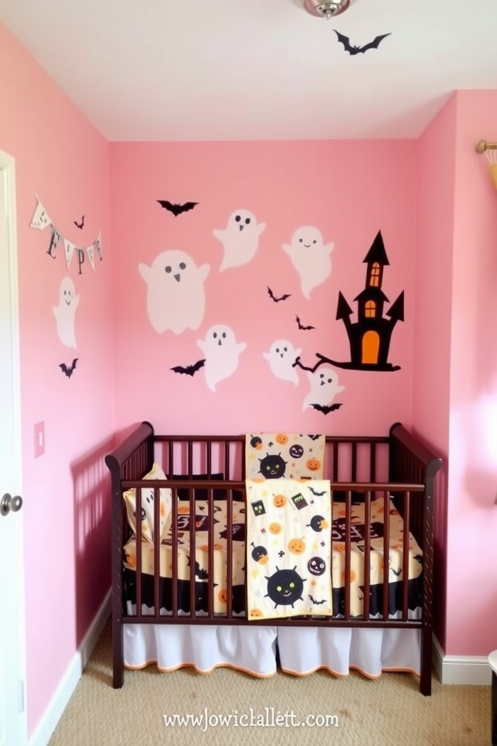 A whimsical nursery setting featuring ghostly wall decals that create a playful atmosphere. The walls are painted in soft pastel colors, and a cozy crib is adorned with Halloween-themed bedding.