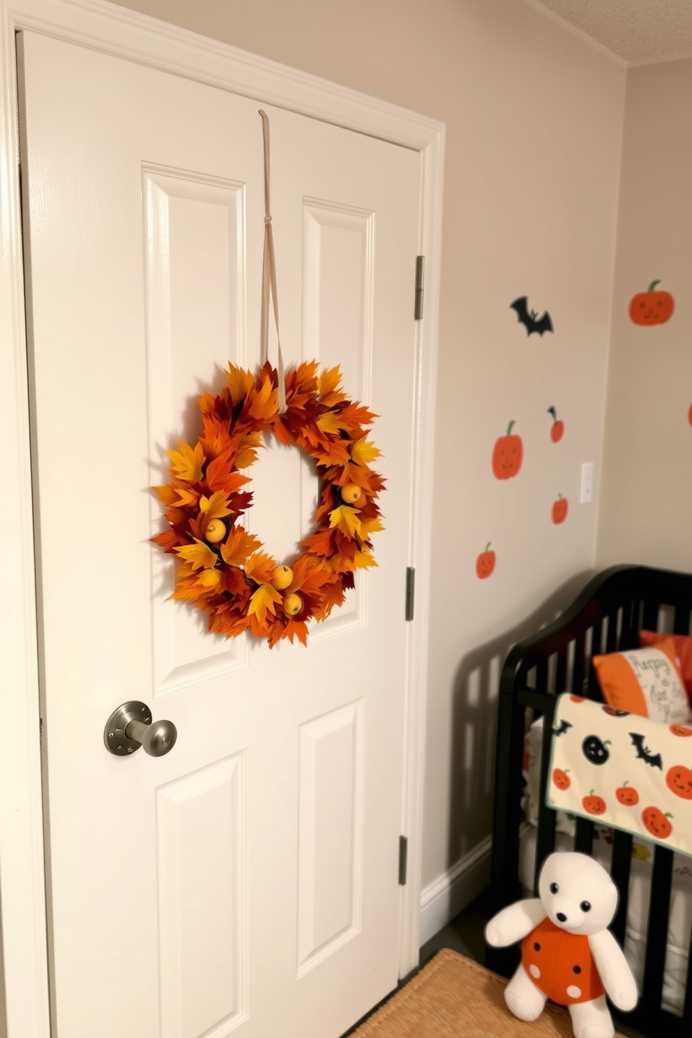 A charming nursery door adorned with a seasonal wreath made of vibrant autumn leaves and small pumpkins. The wreath adds a warm touch to the nursery, inviting a cozy atmosphere for the little ones. The nursery is decorated with playful Halloween themes, featuring cute ghost and pumpkin motifs on the walls. Soft, plush toys and themed bedding create a whimsical and festive environment for children to enjoy.