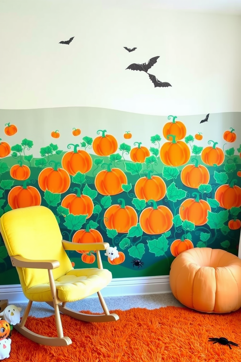 A whimsical pumpkin patch mural adorns the nursery wall, featuring cheerful pumpkins in various sizes and shades of orange nestled among vibrant green vines. Soft pastel clouds and playful bats float above the patch, creating a festive yet soothing atmosphere for the little ones. The room is decorated with cozy, plush furnishings in warm autumn colors, including a soft yellow rocking chair and a deep orange area rug. Adorable Halloween-themed accents, like plush ghosts and friendly spiders, add a playful touch to the nursery decor.