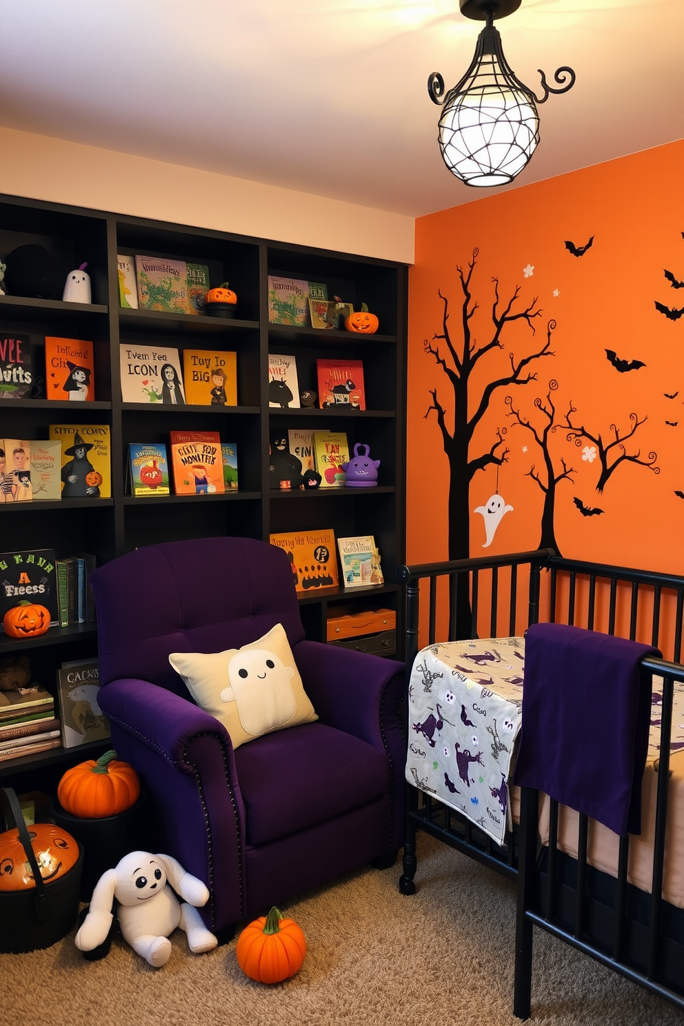 A cozy spooky story corner is created with a plush armchair upholstered in deep purple fabric. Surrounding the chair are shelves filled with themed books featuring ghosts, witches, and monsters, all illuminated by a whimsical spider web lamp. The Halloween nursery is decorated with soft orange and black accents, featuring a crib adorned with ghost-patterned bedding. Plush toys in the shape of pumpkins and bats are scattered around, while wall decals of friendly ghosts and spooky trees bring the theme to life.