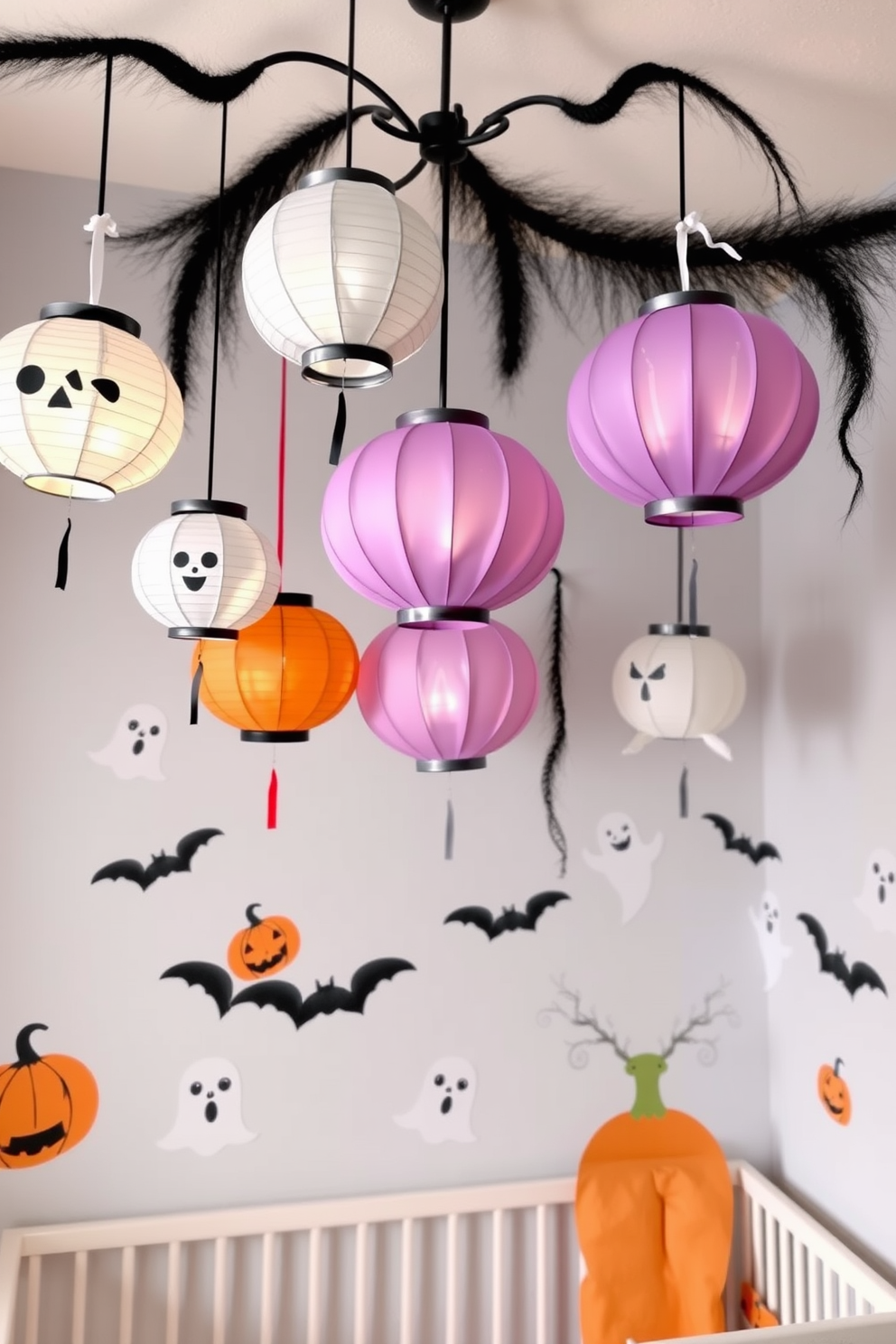 A whimsical nursery adorned with hanging paper lanterns in spooky shapes. The walls are painted in soft pastel colors, featuring playful ghost and pumpkin motifs.