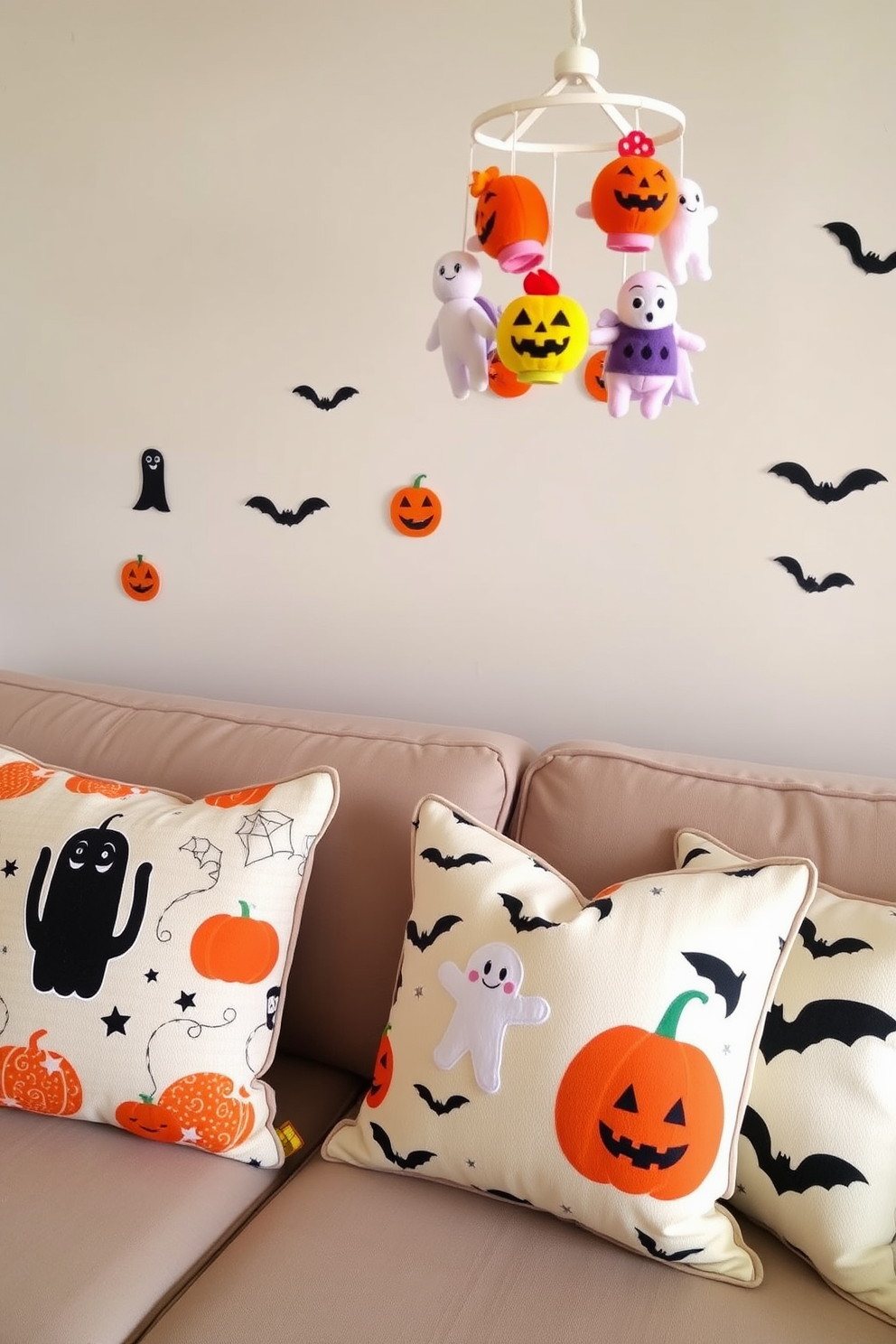 Decorative Halloween-themed throw pillows. The pillows feature a mix of spooky designs such as ghosts, pumpkins, and bats in vibrant colors like orange, black, and purple, arranged on a cozy sofa. Halloween Nursery Decorating Ideas. The nursery is adorned with soft pastel colors, featuring playful wall decals of friendly ghosts and pumpkins, complemented by a mobile hanging from the ceiling with Halloween-themed plush toys.