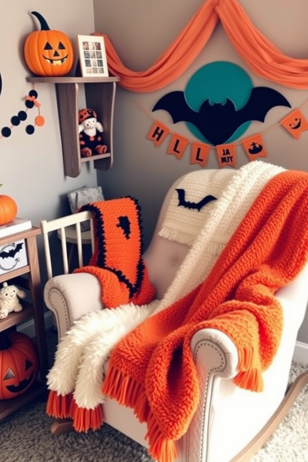 A cozy nursery decorated for Halloween. Soft orange and black blankets are draped over a plush rocking chair, creating a warm and inviting atmosphere.