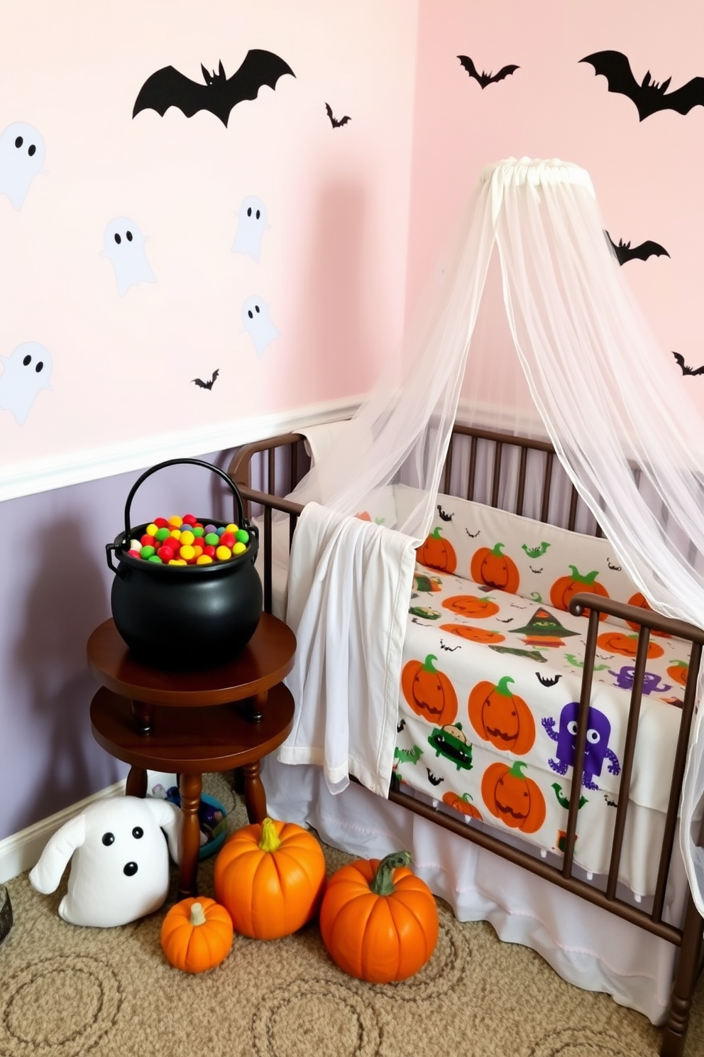 A whimsical Halloween nursery setting. A miniature cauldron filled with colorful candy sits on a small wooden table surrounded by plush pumpkin decorations. The walls are painted in soft pastel colors with playful ghost and bat decals. A cozy crib draped with a light tulle canopy is adorned with Halloween-themed bedding featuring friendly monsters and pumpkins.