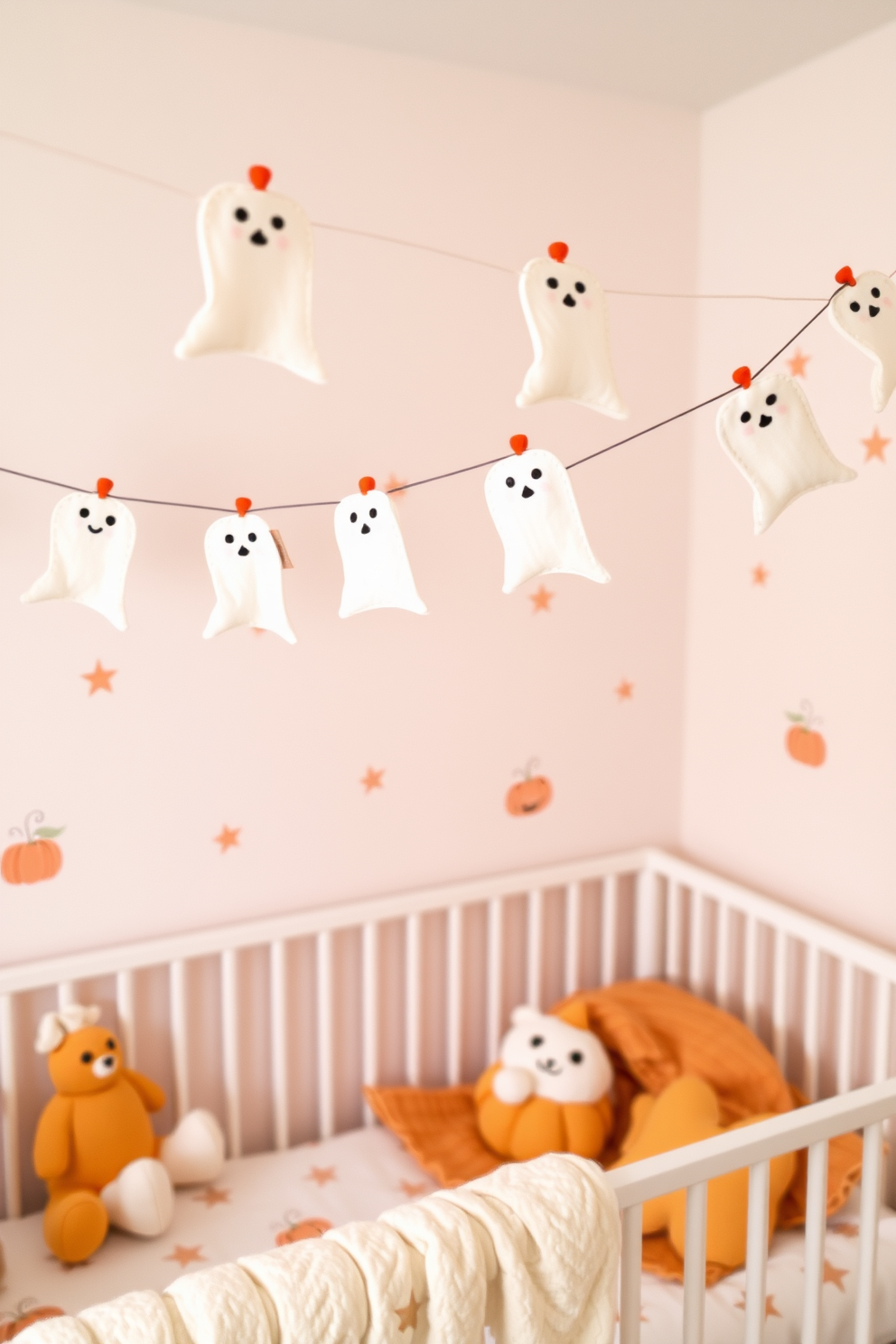 Adorable felt ghost bunting strung across the room creates a whimsical and festive atmosphere. The soft white ghosts feature playful expressions, adding charm to the Halloween nursery decor. The bunting is hung from wall to wall, complementing pastel-colored walls decorated with subtle pumpkin motifs. Plush toys and cozy blankets in autumn hues complete the enchanting Halloween-themed nursery.