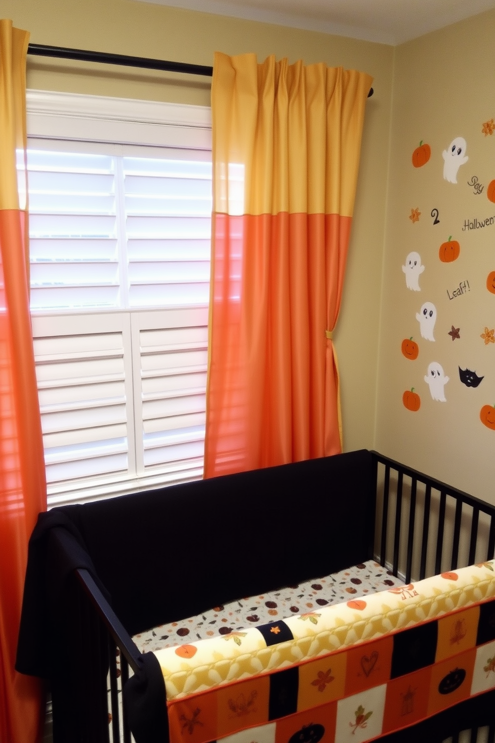 Charming autumn-themed window treatments. Soft, flowing curtains in warm hues of orange and gold frame the window, adorned with delicate leaf patterns that capture the essence of fall. Halloween nursery decorating ideas. The room features playful wall decals of friendly ghosts and pumpkins, complemented by a cozy crib draped with a black and orange quilt that adds a festive touch.