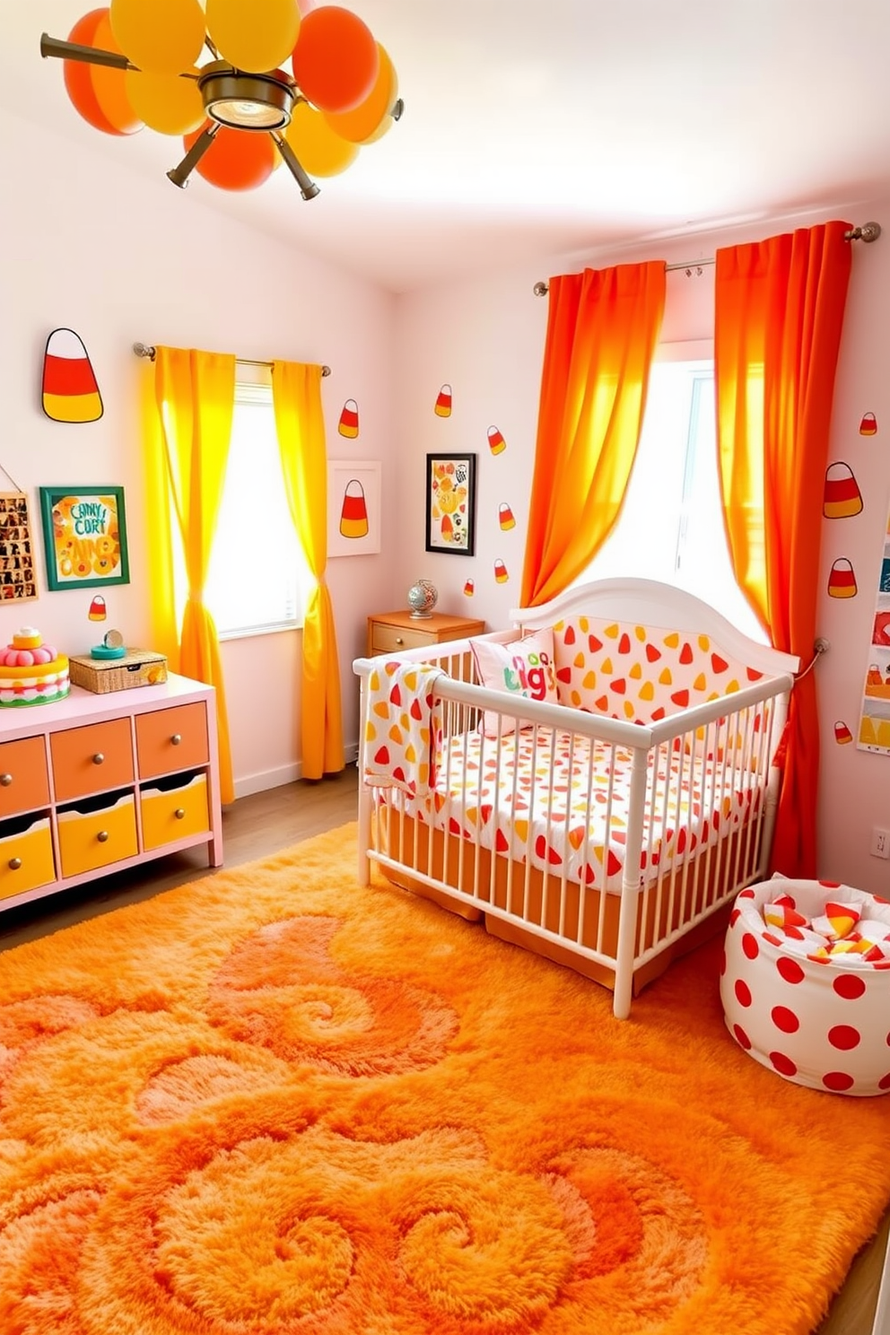 A playful nursery filled with colorful candy corn decorations. The walls are adorned with cheerful candy corn-themed artwork, and a soft, plush rug in vibrant hues covers the floor. A cozy crib is dressed in candy corn patterned bedding, surrounded by whimsical wall decals. Brightly colored curtains frame the windows, allowing natural light to brighten the space.