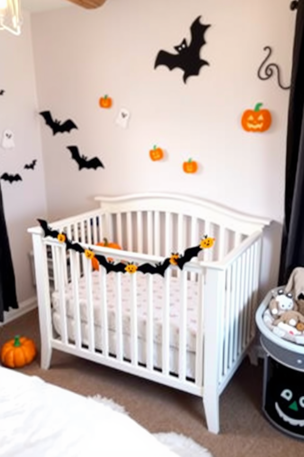 A cute bat garland is draped across the crib creating a whimsical Halloween atmosphere. The nursery features soft pastel colors with playful ghost and pumpkin accents on the walls.