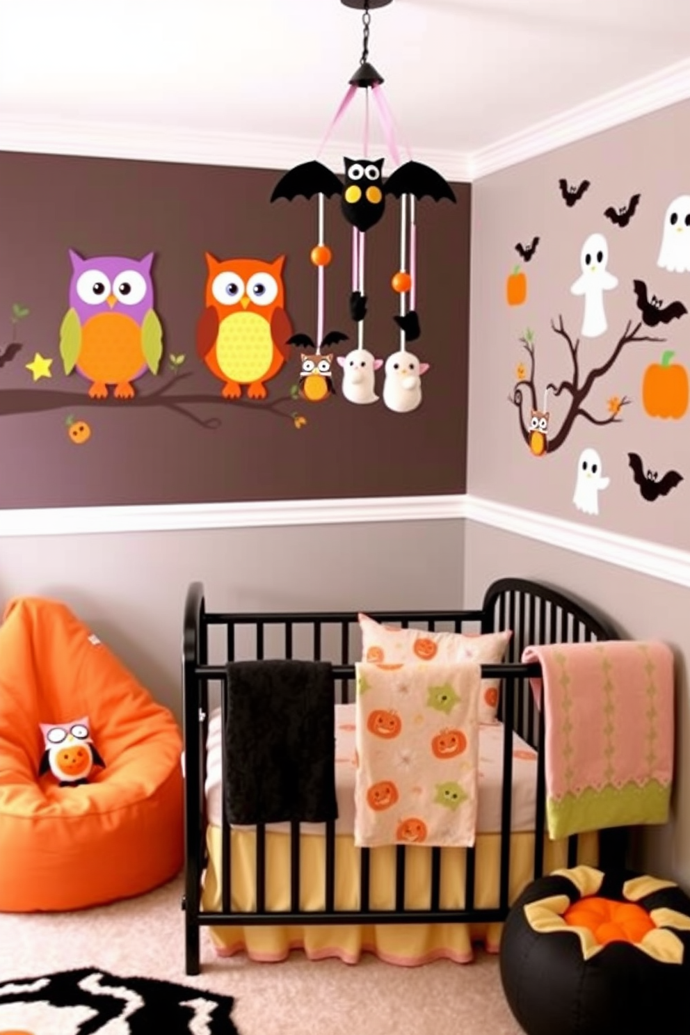 Cute owl decorations for a playful vibe. The nursery features whimsical owl wall art in vibrant colors, with plush owl toys scattered throughout the room. Soft, pastel bedding with owl motifs adorns the crib, while a cozy reading nook is created with an owl-themed bean bag chair. Halloween nursery decorating ideas. The room is adorned with playful pumpkin and ghost decals on the walls, complemented by soft black and orange accents. A charming mobile featuring hanging bats and owls adds a festive touch above the crib, creating a fun and spooky atmosphere.