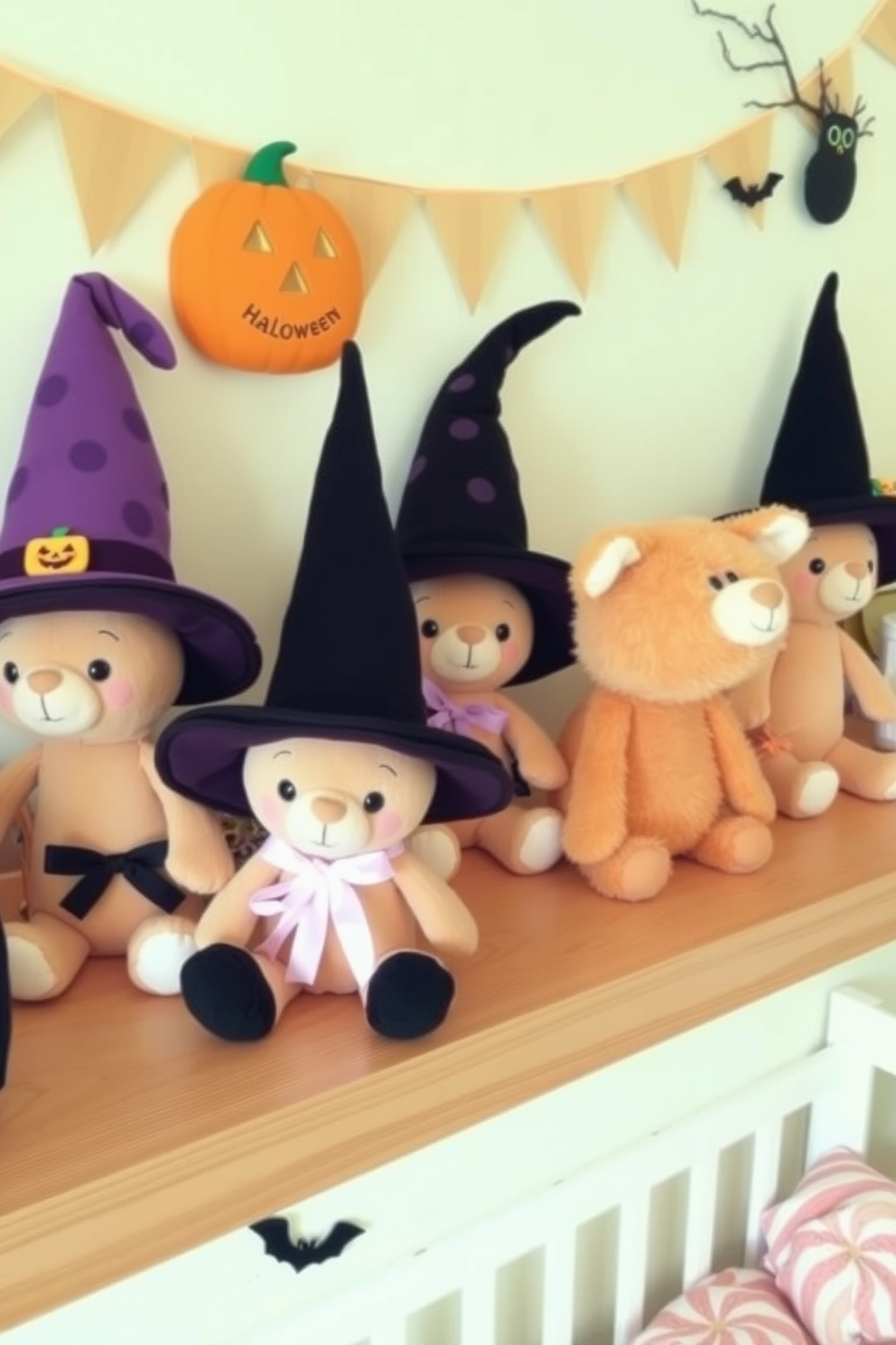 A charming display of adorable witch hat stuffed animals is arranged on a wooden shelf. The nursery features soft pastel colors with whimsical decorations that enhance the Halloween theme.