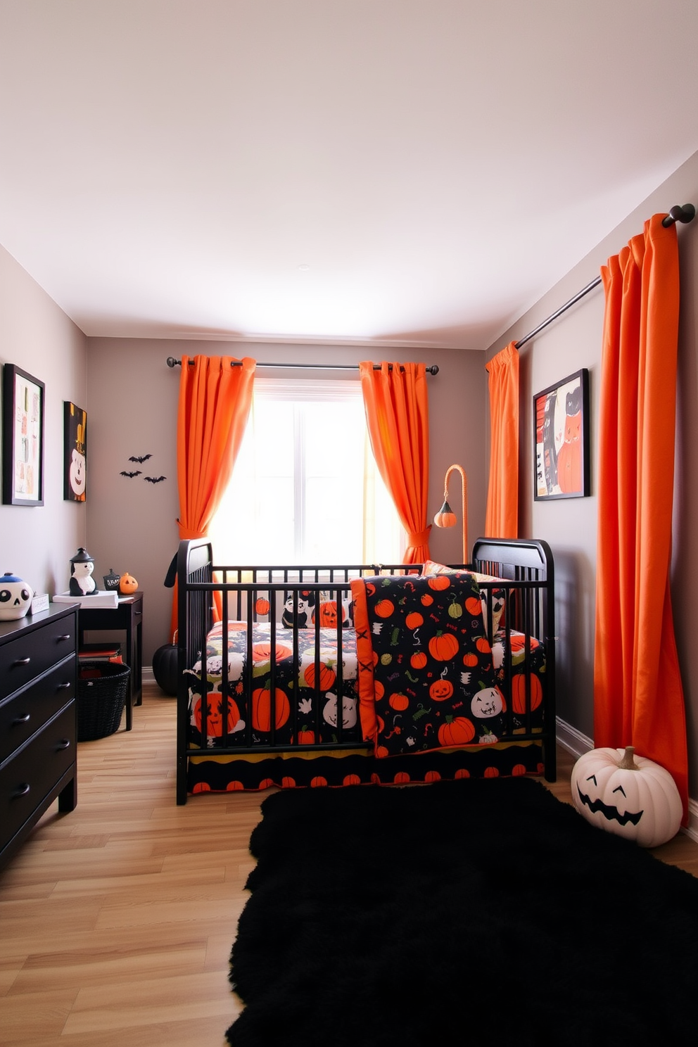 A cozy Halloween nursery featuring a black and orange themed bedding set. The bedding includes playful pumpkin patterns and soft textures, creating a warm and inviting atmosphere for little ones. The walls are adorned with cheerful Halloween-themed artwork, and a plush black rug adds comfort to the space. Soft orange curtains frame the windows, allowing natural light to filter in while maintaining the festive theme.