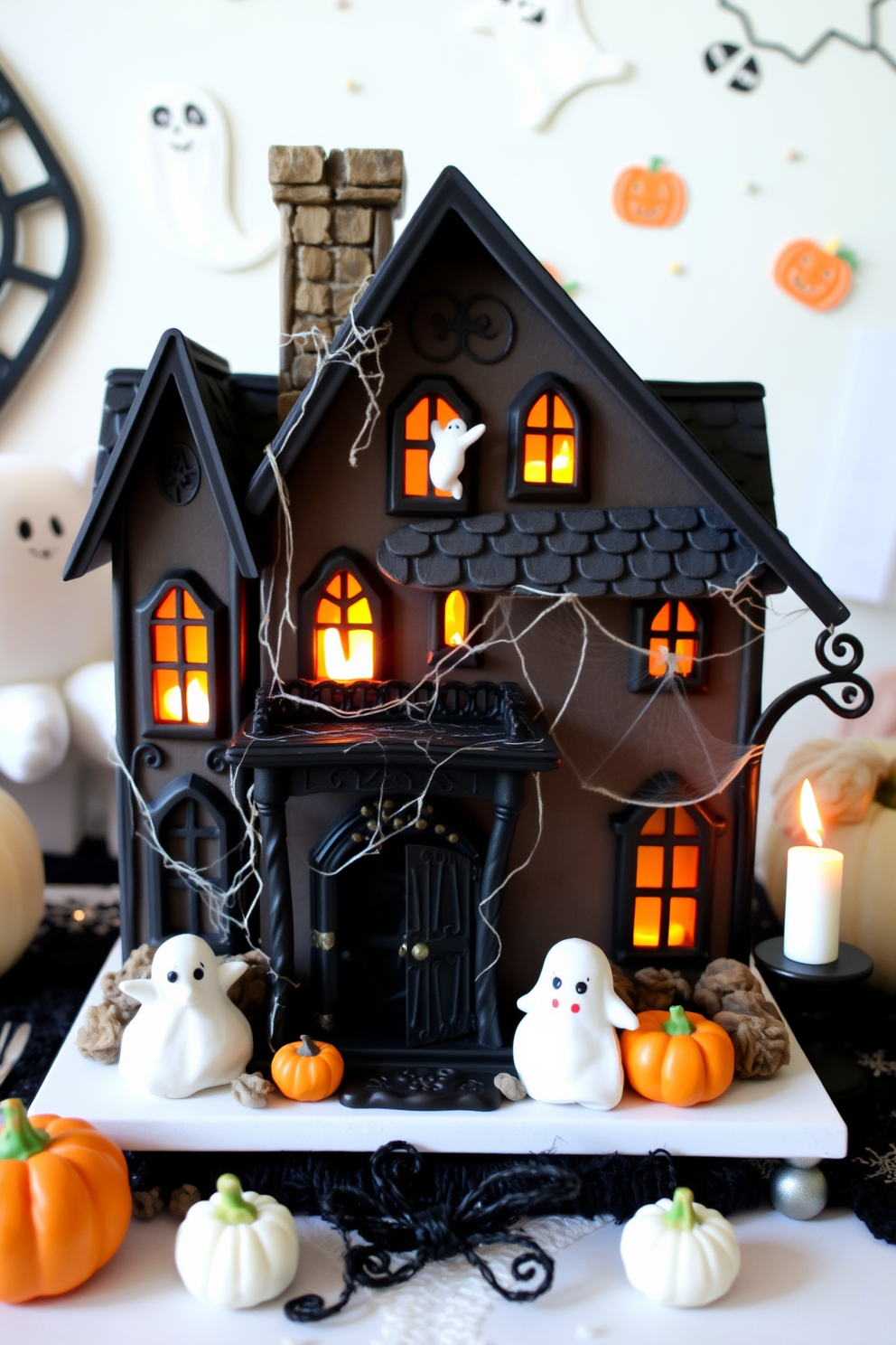 A whimsical miniature haunted house serves as a charming decor centerpiece, featuring intricate details like tiny ghosts and cobwebs. Surrounding the house are small pumpkins and flickering LED candles to enhance the spooky atmosphere. For Halloween nursery decorating ideas, soft pastel colors create a playful yet festive environment. Adorn the walls with friendly ghost and pumpkin decals, and use plush toys to add a touch of warmth and comfort.