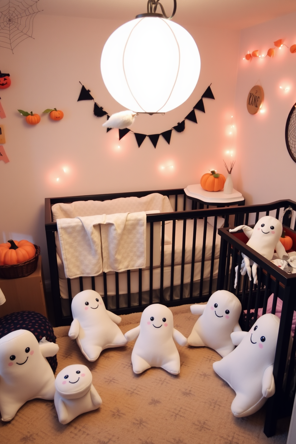 Soft plush ghosts in soft pastel colors are scattered throughout the nursery, creating a whimsical and inviting atmosphere. Each ghost features embroidered eyes and a friendly smile, perfect for adding a touch of fun to cozy corners. The nursery is adorned with Halloween-themed decor, including subtle pumpkin accents and gentle spiderweb patterns. A soft, warm color palette of creams and light oranges enhances the cozy feel, making it a delightful space for little ones.