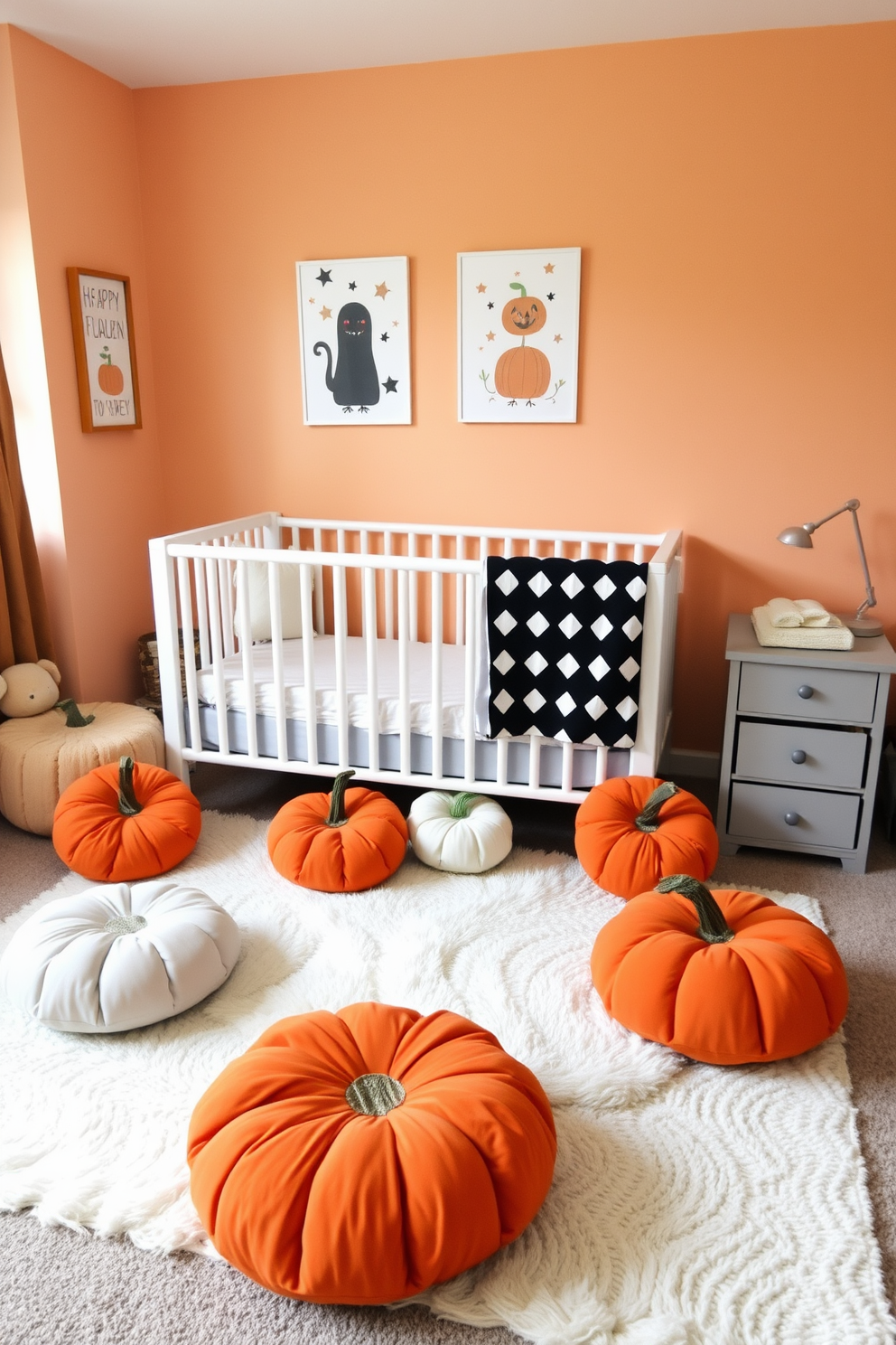 Create a cozy nursery setting featuring pumpkin-shaped cushions scattered around a soft area rug. The walls are painted in a warm pastel color, adorned with playful Halloween-themed artwork.