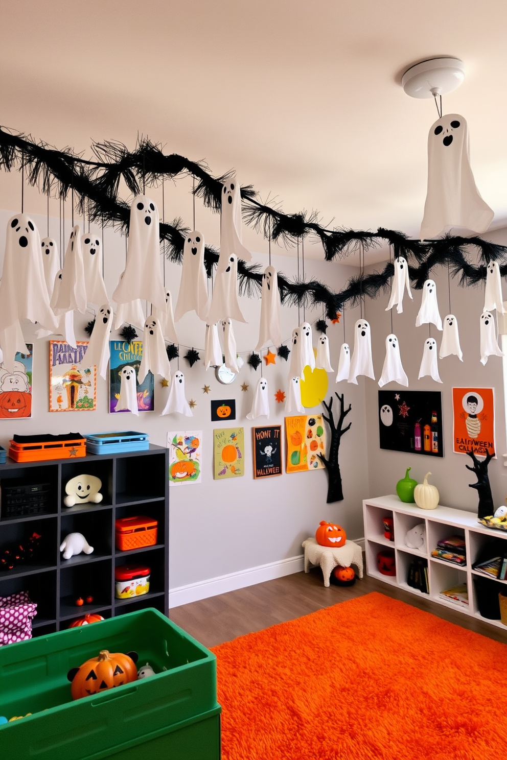 A playful Halloween playroom filled with spooky ghost garlands hanging from the ceiling. The walls are adorned with colorful Halloween-themed artwork and the floor is covered with a soft, orange rug.