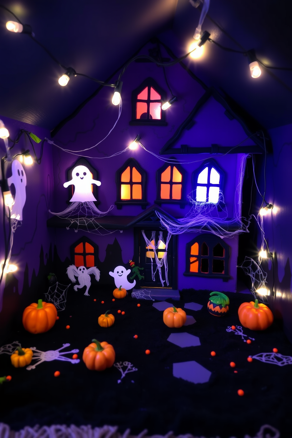 A whimsical miniature haunted house designed for a play area. It features spooky elements like ghost decorations, cobwebs, and miniature pumpkins scattered around. The walls are painted in dark purple and black, creating an eerie ambiance. Soft, glowing lights are strung around to enhance the Halloween spirit while maintaining a playful atmosphere.