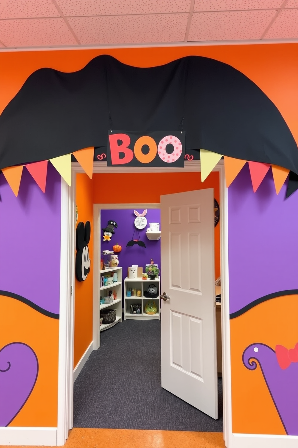 A whimsical playroom entrance adorned with a colorful Boo banner that hangs cheerfully above the doorway. The walls are painted in vibrant shades of orange and purple, with playful Halloween-themed decorations scattered throughout the space.