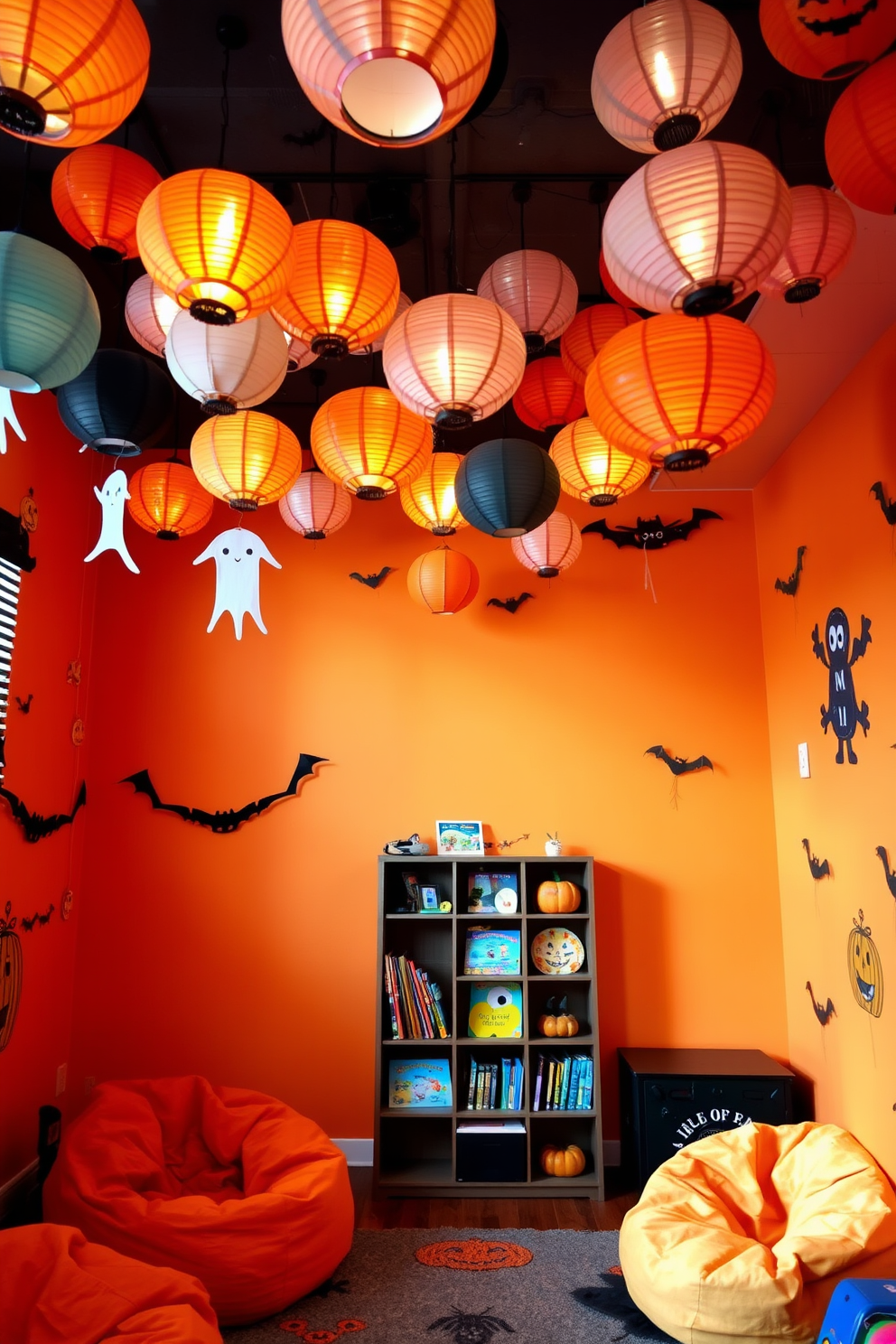 A whimsical Halloween playroom filled with vibrant colors and playful decorations. The ceiling is adorned with hanging paper lanterns in spooky shapes, casting a warm glow throughout the space. The walls are painted in a cheerful orange hue, featuring playful ghost and pumpkin motifs. A cozy reading nook is set up with colorful bean bags and a small bookshelf filled with Halloween-themed stories.