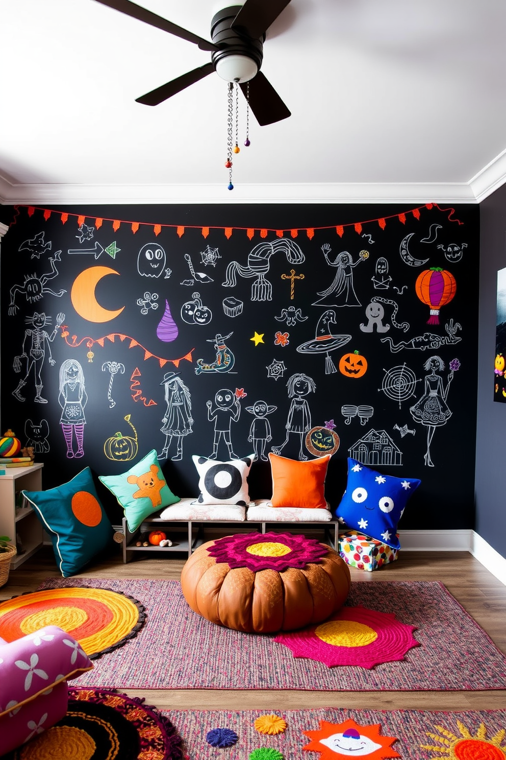 A playful Halloween-themed playroom features a large chalkboard wall filled with vibrant drawings of spooky characters and festive decorations. The room is adorned with colorful pillows, whimsical rugs, and playful wall art that captures the spirit of the season.