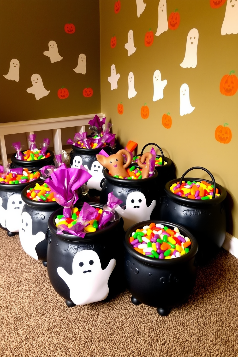 A whimsical Halloween playroom filled with decorative cauldrons overflowing with colorful treats. The walls are adorned with playful ghost and pumpkin decals, creating a festive atmosphere for children to enjoy.