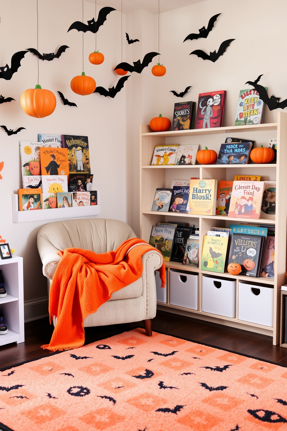 A cozy Halloween story corner features a plush armchair draped with a soft orange throw blanket. Surrounding the chair are shelves filled with themed books, showcasing spooky tales and festive illustrations. The playroom is adorned with playful decorations, including hanging paper bats and pumpkins. A vibrant rug with a Halloween pattern anchors the space, creating a fun atmosphere for imaginative play.