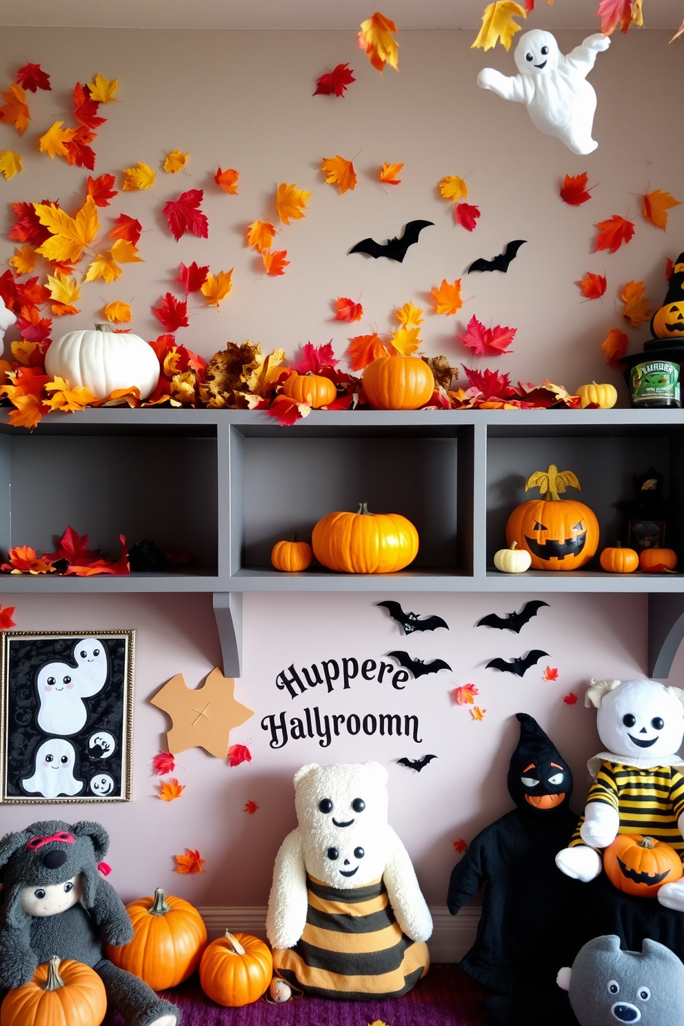 Colorful autumn leaves scattered on shelves create a warm and inviting atmosphere. The shelves are adorned with pumpkins and small decorative gourds to enhance the seasonal charm. The Halloween playroom is filled with playful decorations and spooky accents. Wall art features friendly ghosts and cheerful bats, while plush toys and games are themed around Halloween fun.