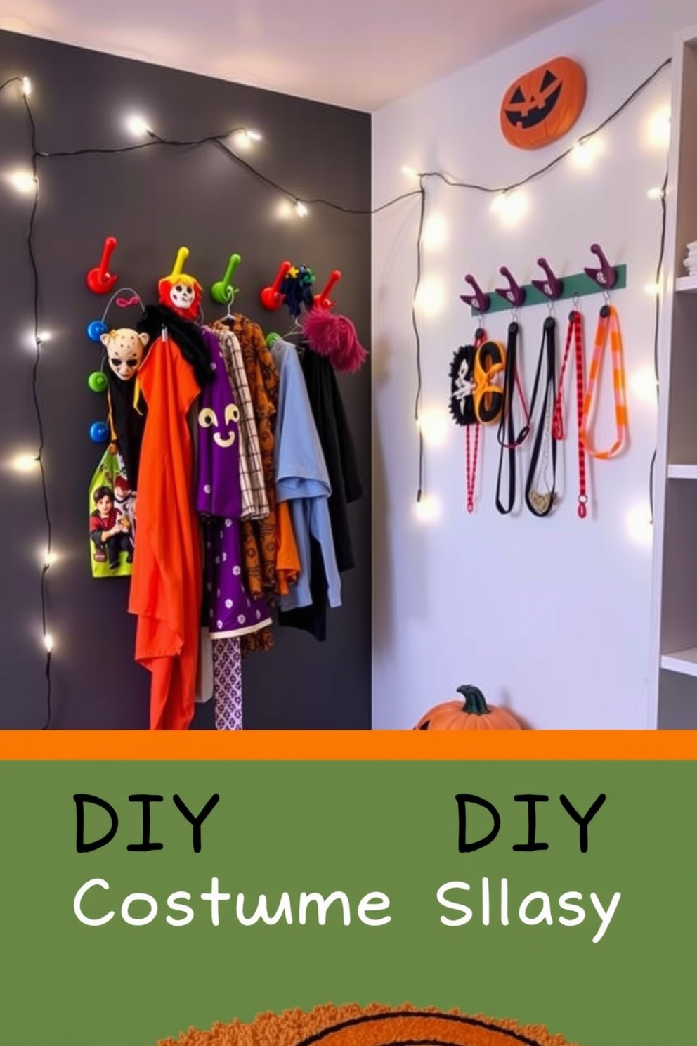 A whimsical DIY costume display for a dress-up area in a Halloween-themed playroom. The display features colorful hooks mounted on the wall, showcasing a variety of costumes and accessories in vibrant colors and playful designs. Soft lighting enhances the festive atmosphere, with string lights draped around the display area. A cozy rug in shades of orange and black adds warmth, creating an inviting space for imaginative play.